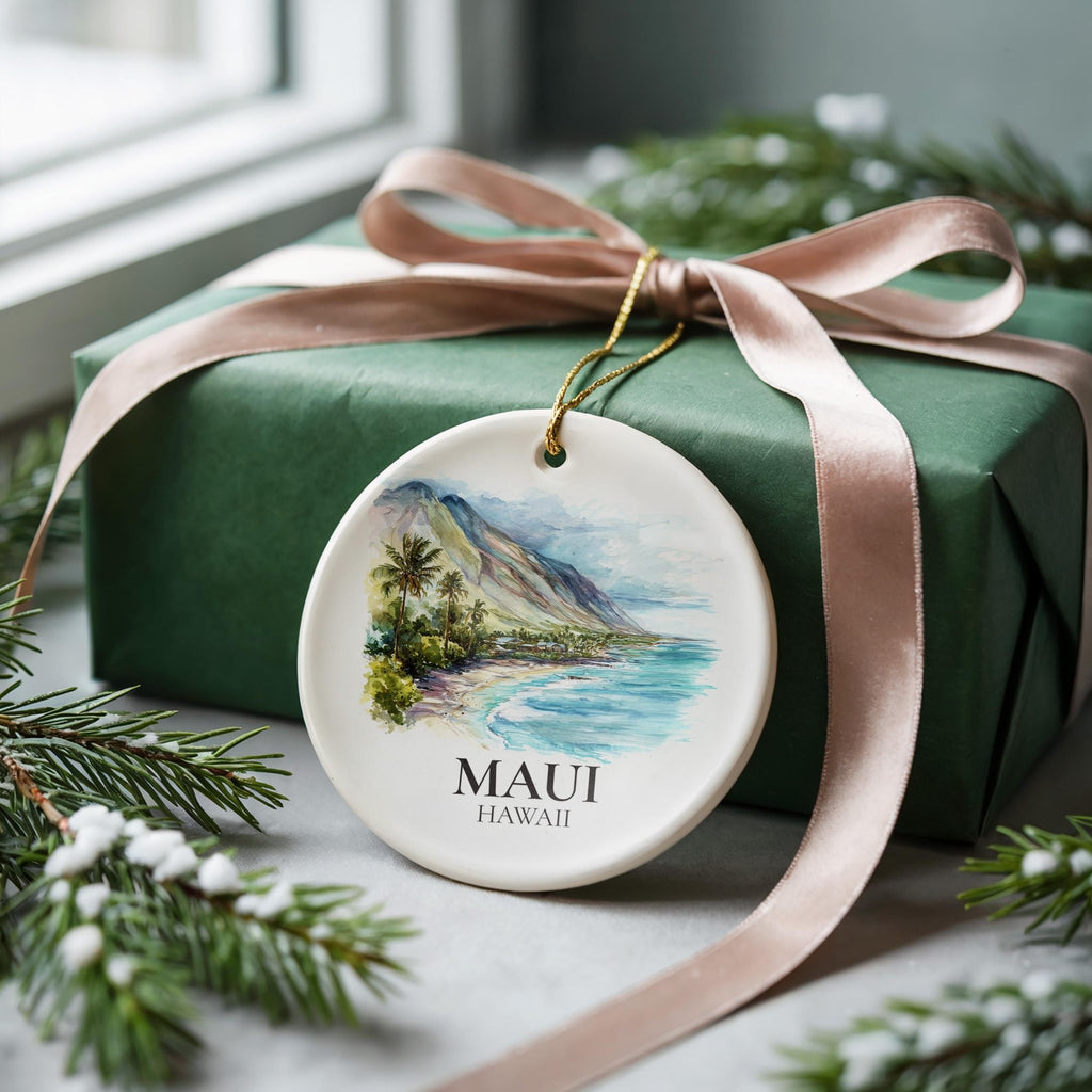 Maui Hawaii Personalized Watercolor Ornament, Custom Ceramic Christmas gift, Travel Keepsake - CuteBeePix