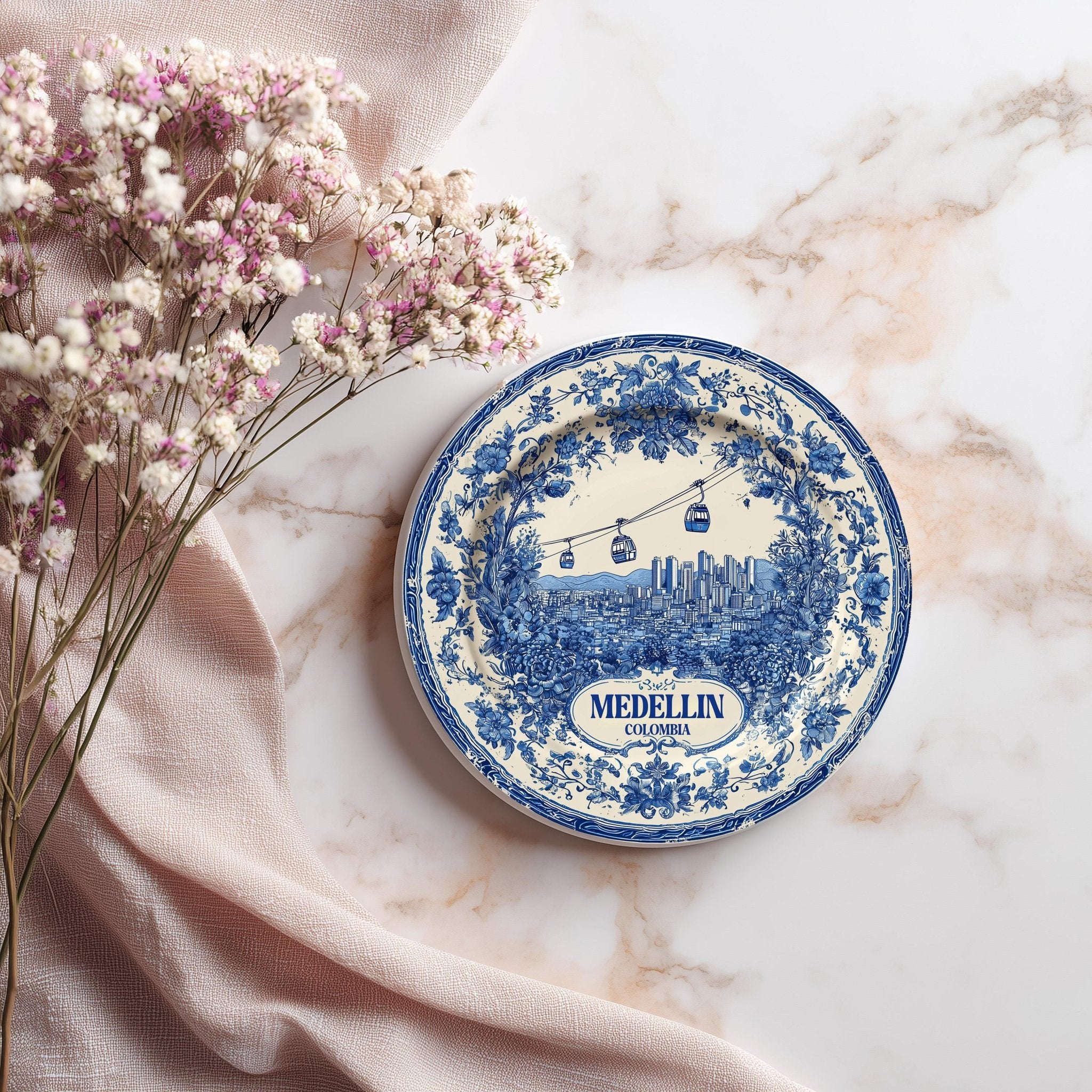 Medellin Colombia Delftware Ceramic Coaster, Blue White Travel Gift, Vintage Home Decor Collectible - CuteBeePix