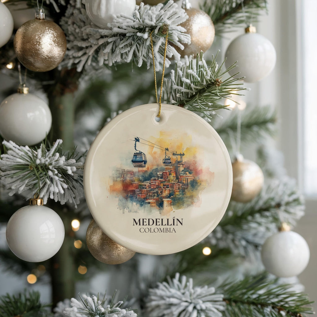 Medellin Colombia Personalized Watercolor Ornament, Custom Ceramic Christmas gift, Travel Keepsake - CuteBeePix