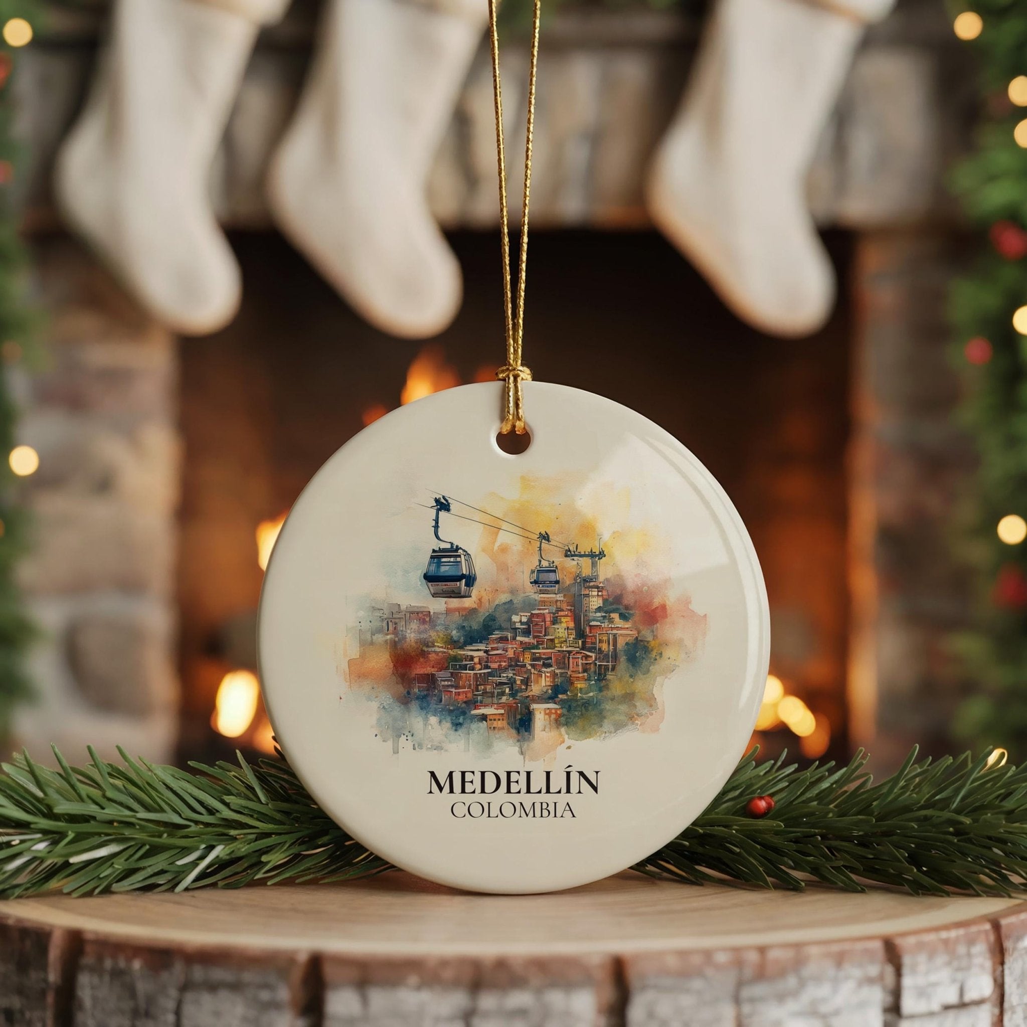 Medellin Colombia Personalized Watercolor Ornament, Custom Ceramic Christmas gift, Travel Keepsake - CuteBeePix