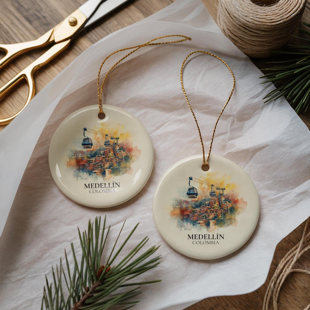 Medellin Colombia Personalized Watercolor Ornament, Custom Ceramic Christmas gift, Travel Keepsake - CuteBeePix