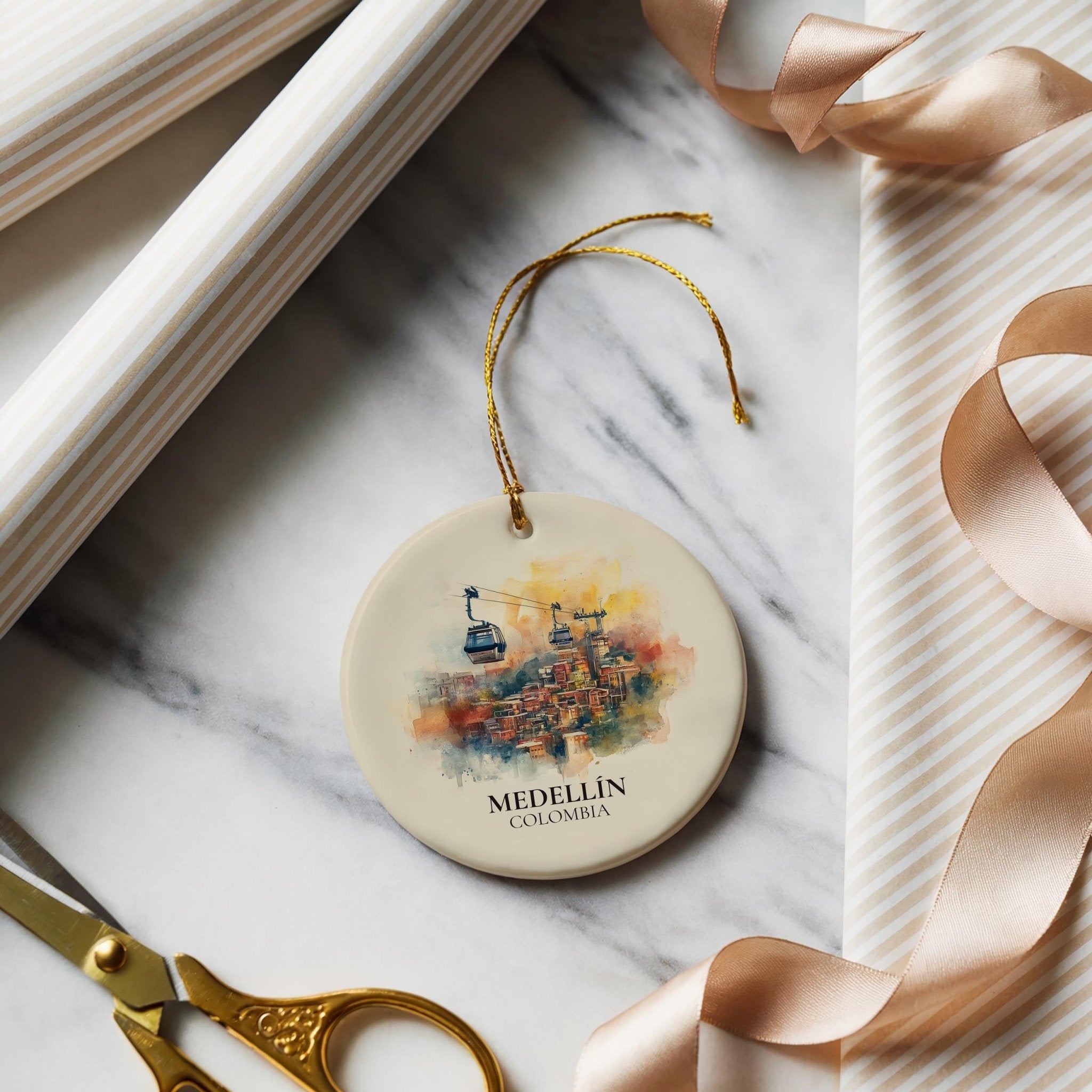 Medellin Colombia Personalized Watercolor Ornament, Custom Ceramic Christmas gift, Travel Keepsake - CuteBeePix