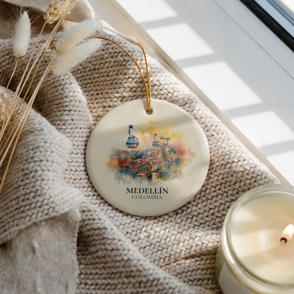 Medellin Colombia Personalized Watercolor Ornament, Custom Ceramic Christmas gift, Travel Keepsake - CuteBeePix