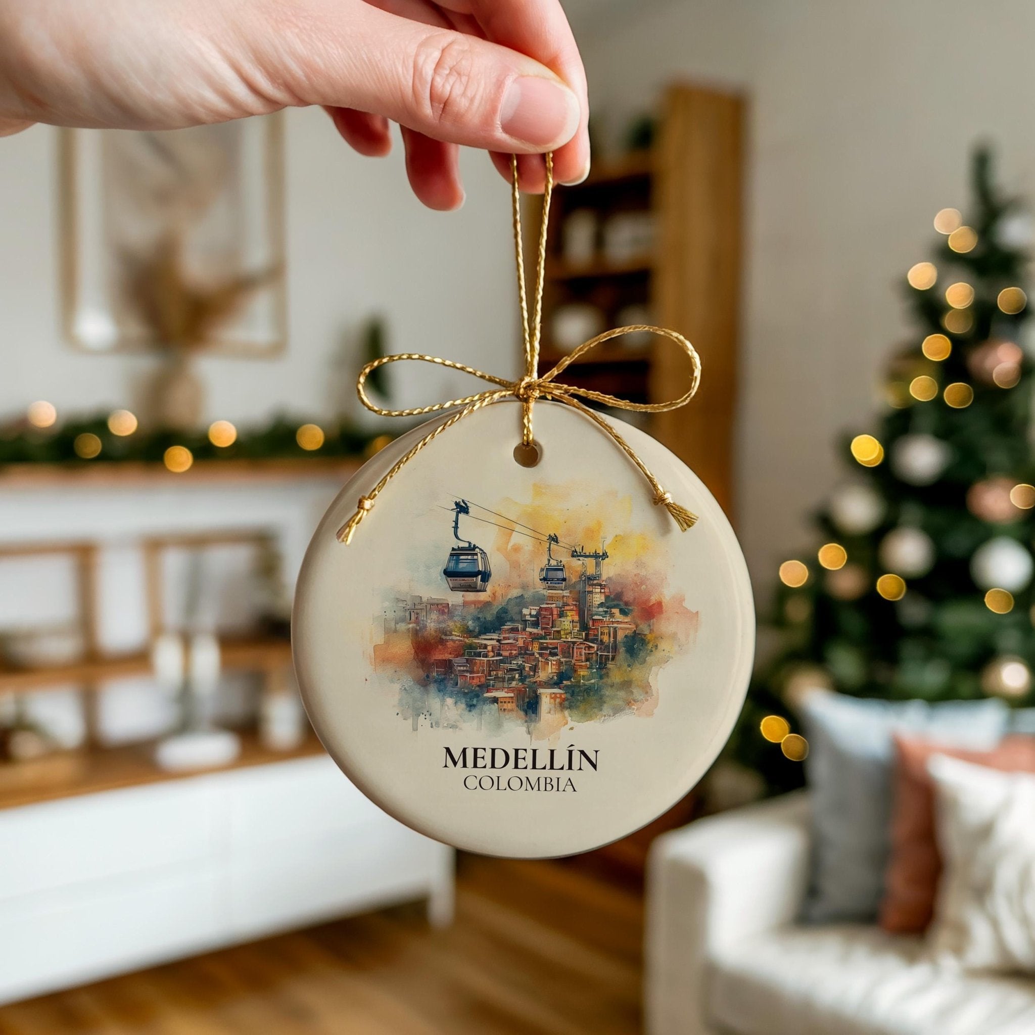 Medellin Colombia Personalized Watercolor Ornament, Custom Ceramic Christmas gift, Travel Keepsake - CuteBeePix