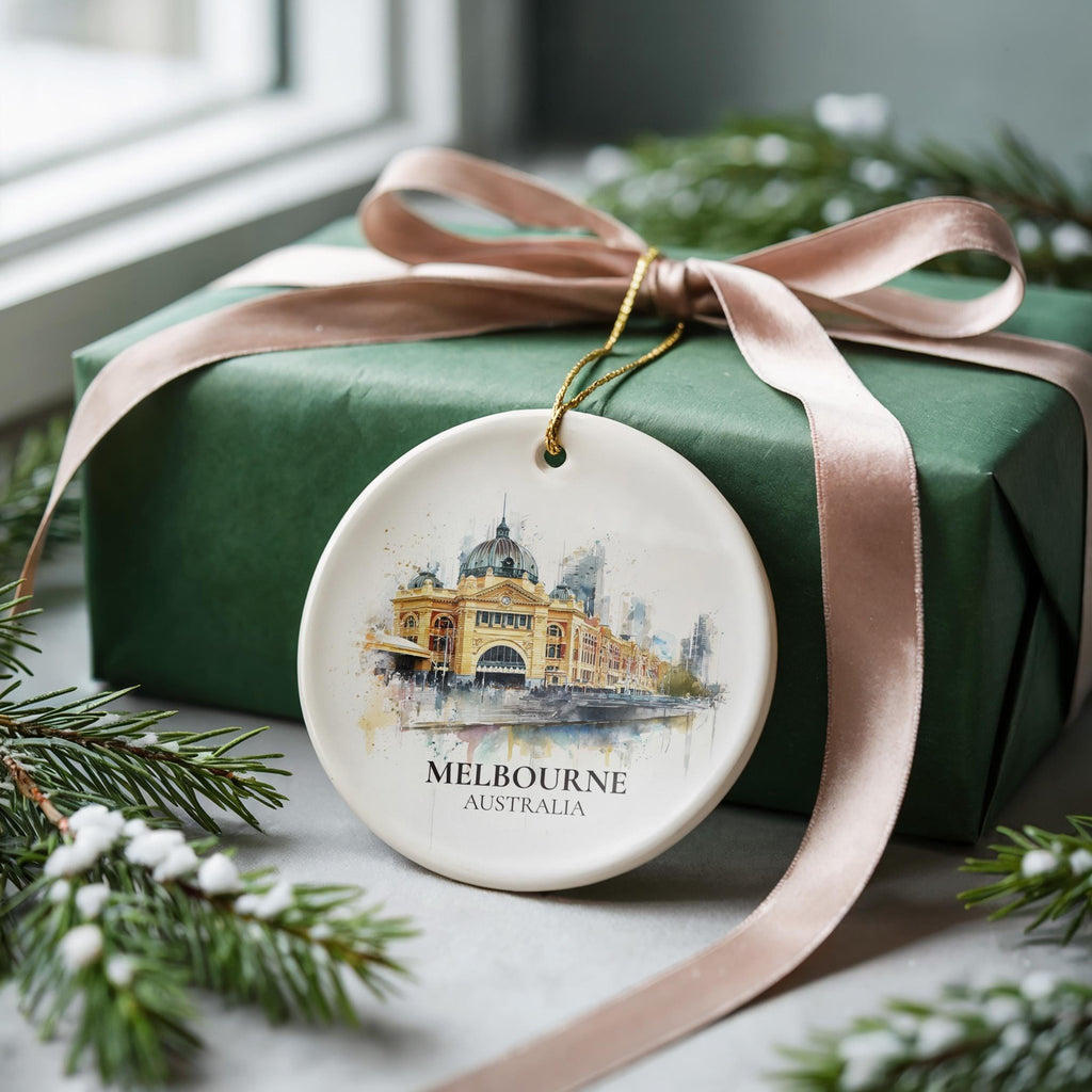 Melbourne Australia Personalized Watercolor Ornament, Custom Ceramic Christmas gift, Travel Keepsake - CuteBeePix