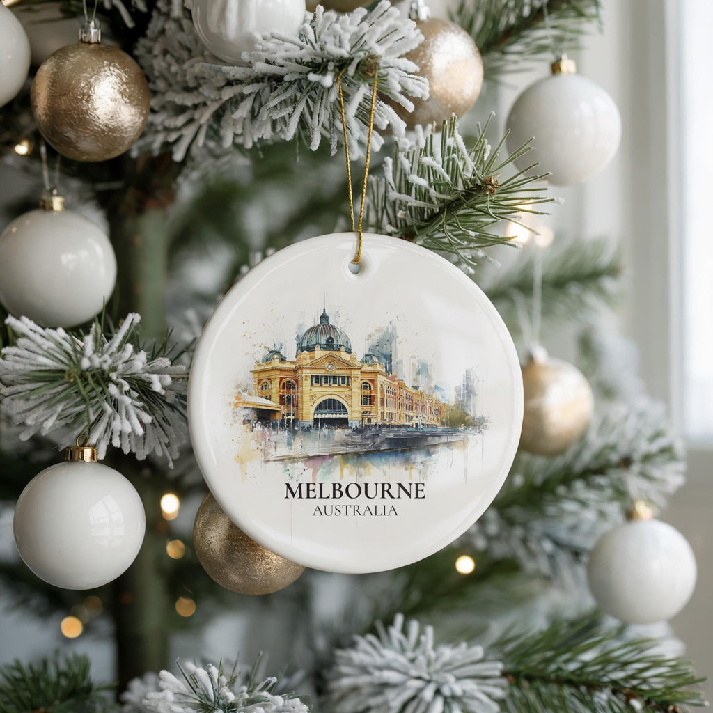 Melbourne Australia Personalized Watercolor Ornament, Custom Ceramic Christmas gift, Travel Keepsake - CuteBeePix