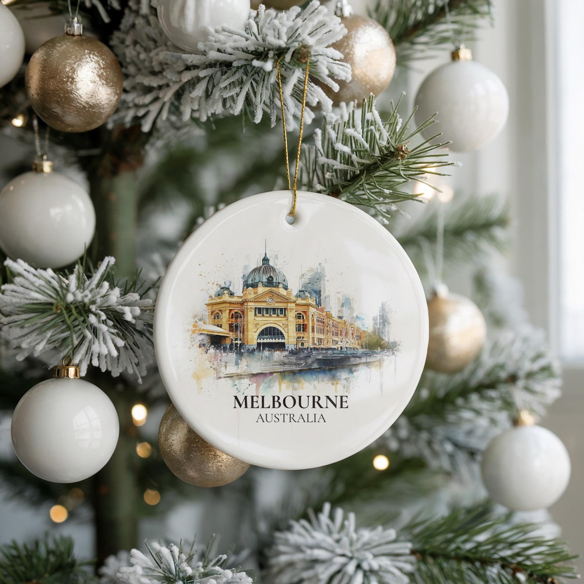 Melbourne Australia Personalized Watercolor Ornament, Custom Ceramic Christmas gift, Travel Keepsake - CuteBeePix
