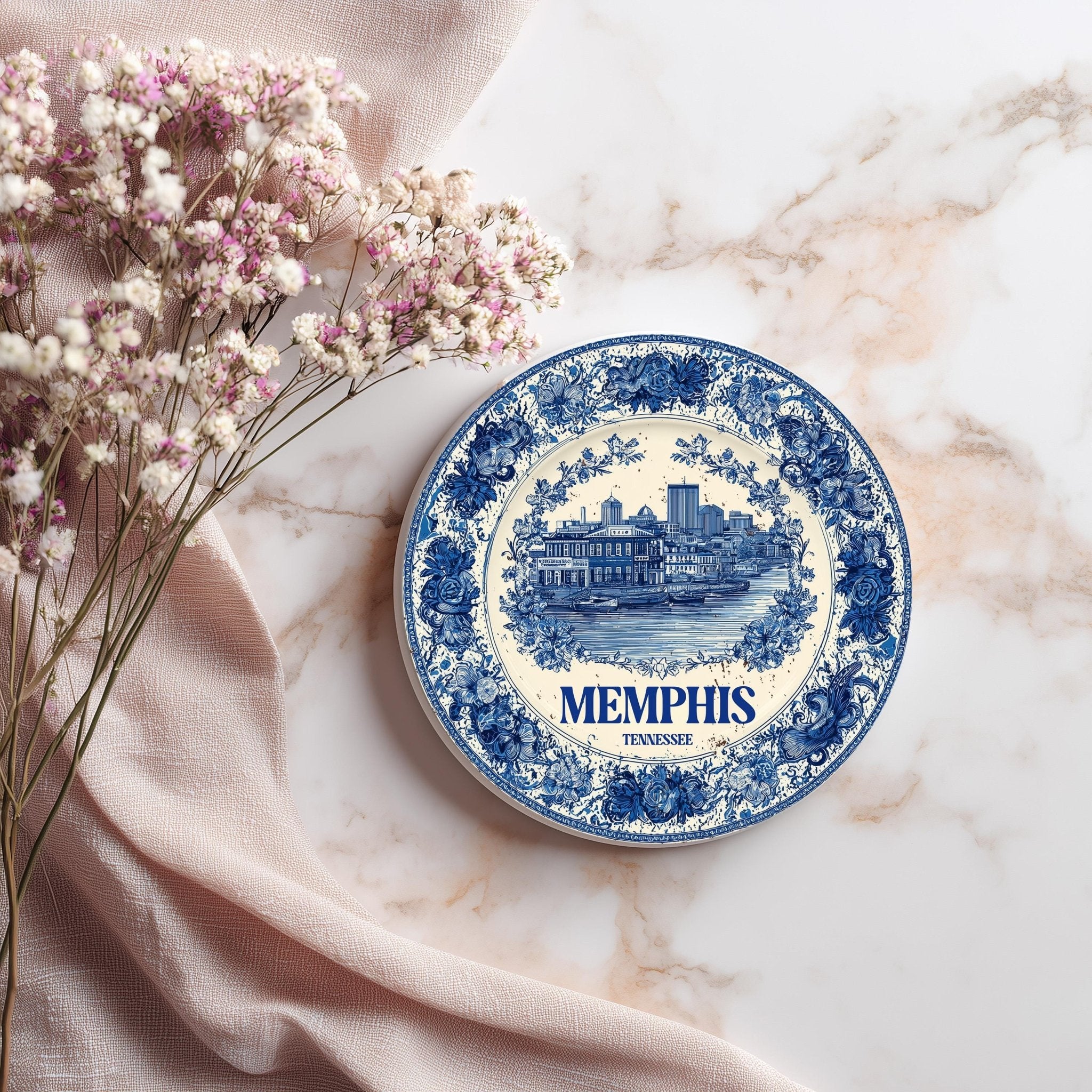 Memphis Tennessee Delftware Ceramic Coaster, Blue White Travel Gift, Vintage Home Decor Collectible - CuteBeePix
