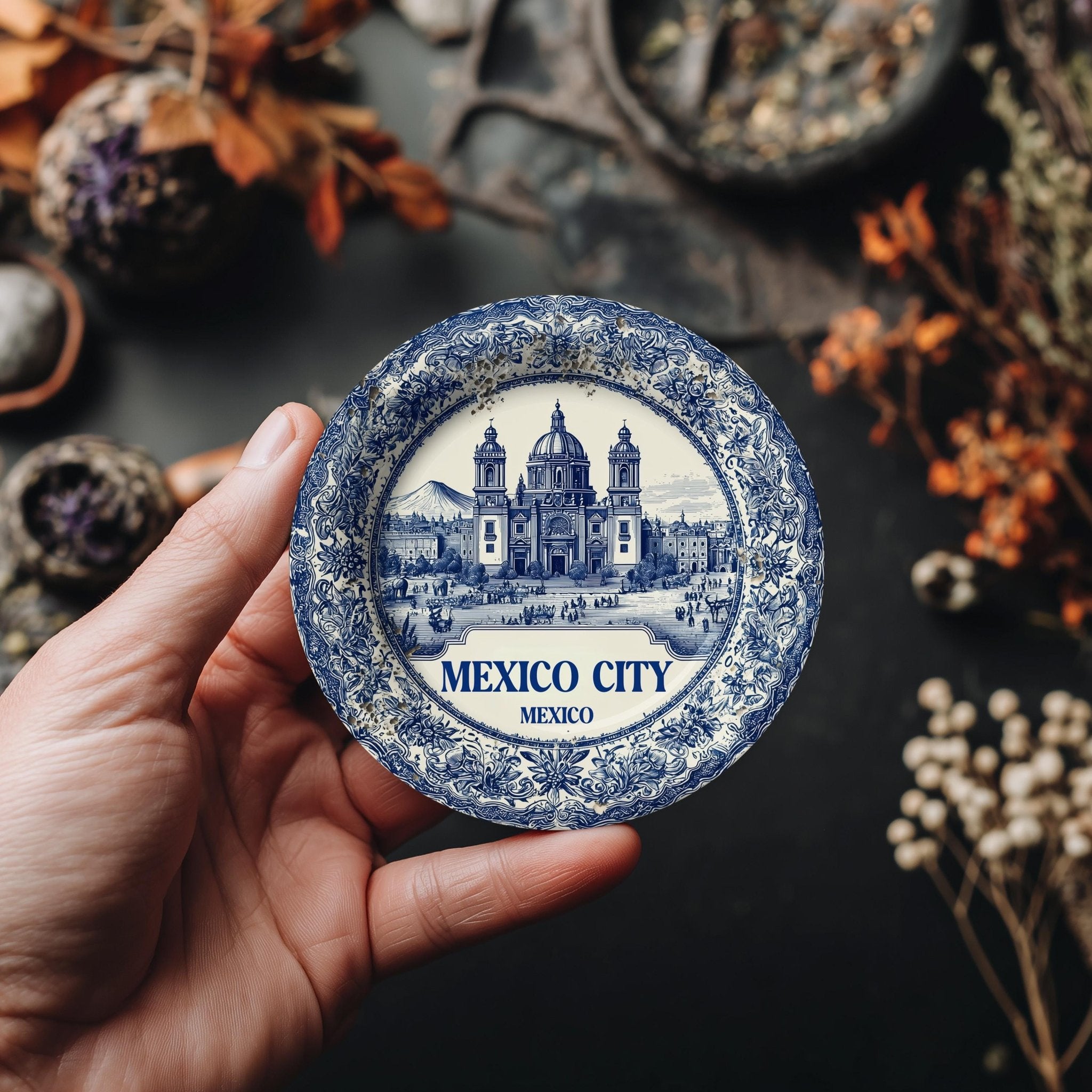 Mexico City Mexico Delftware Ceramic Coaster, Blue White Travel Gift, Vintage Home Decor Collectible - CuteBeePix