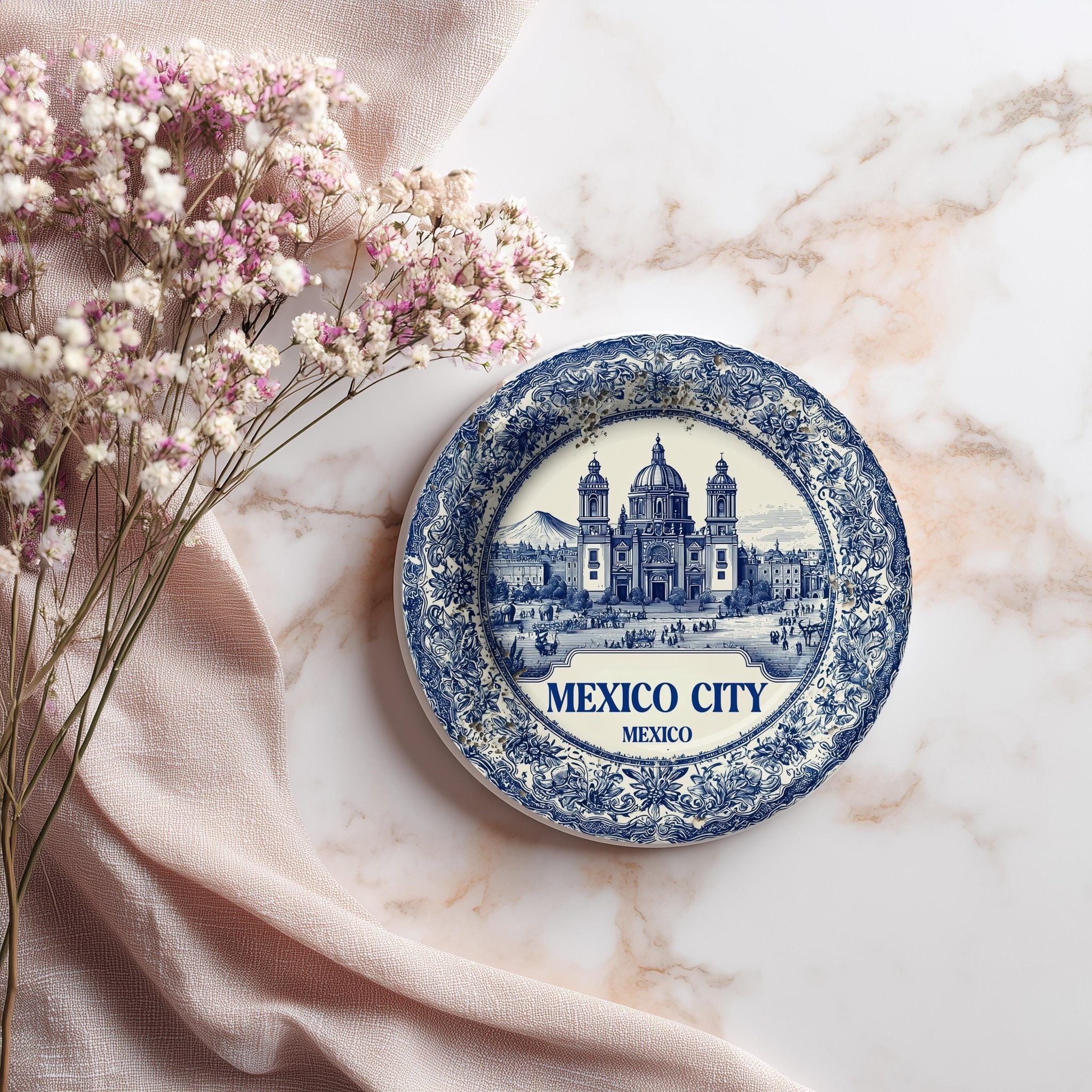 Mexico City Mexico Delftware Ceramic Coaster, Blue White Travel Gift, Vintage Home Decor Collectible - CuteBeePix