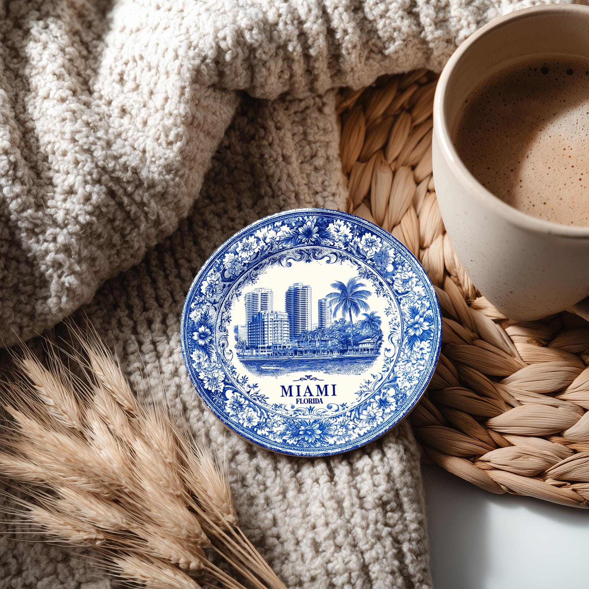 Miami Florida Delftware Ceramic Coaster, Blue White Travel Gift, Vintage Home Decor Collectible - CuteBeePix