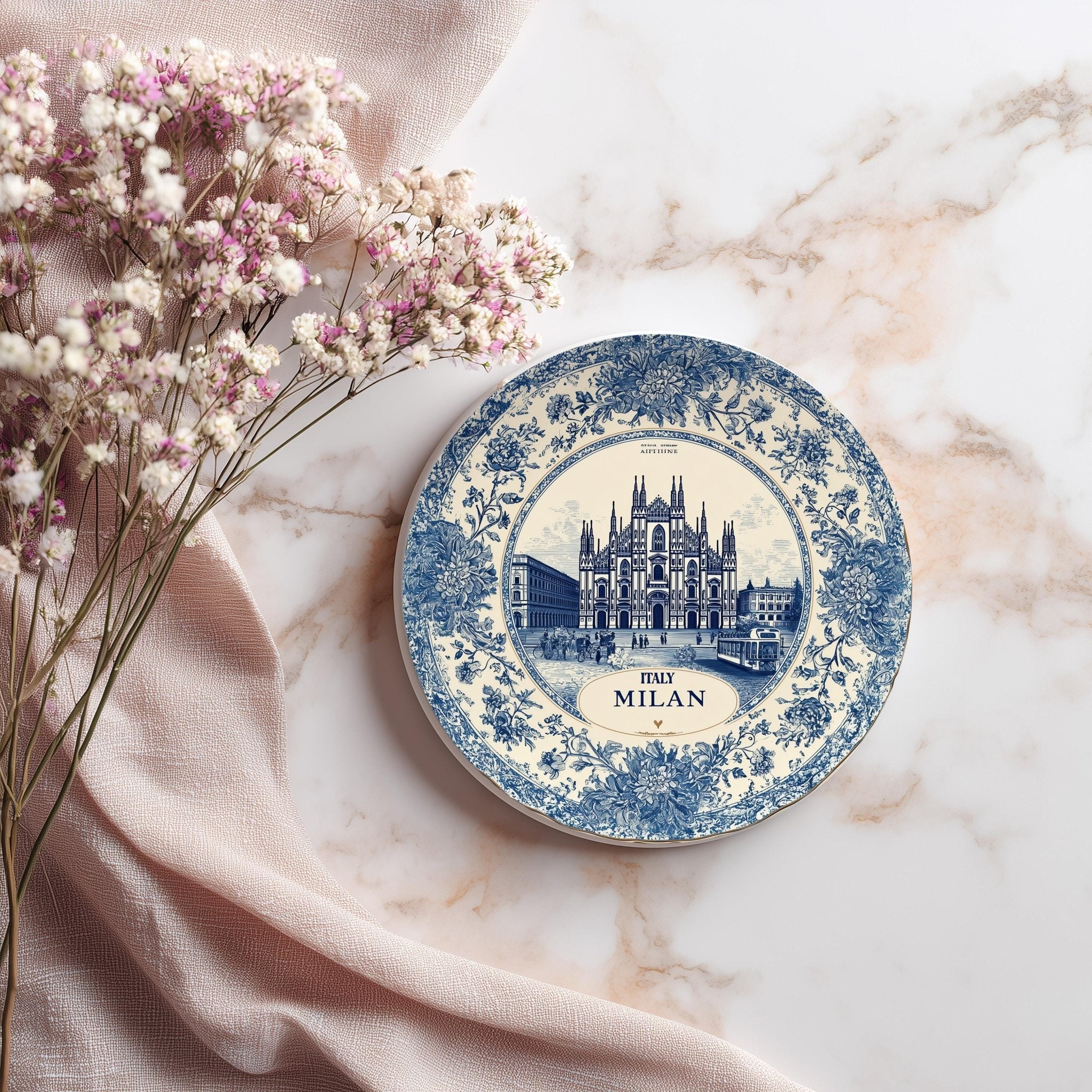 Milan Italy Delftware Ceramic Coaster, Blue White Travel Gift, Vintage Home Decor Collectible - CuteBeePix