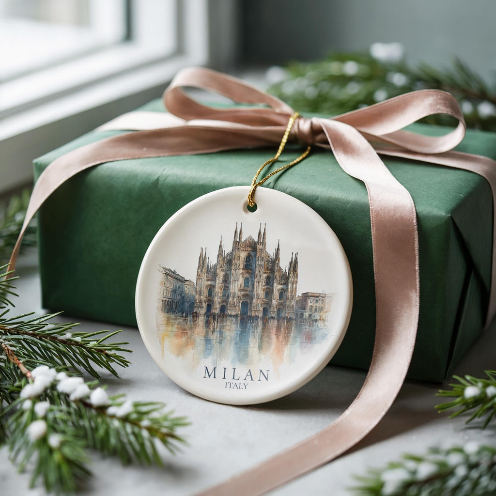 Milan Italy Personalized Watercolor Ornament, Custom Ceramic Christmas gift, Travel Keepsake - CuteBeePix