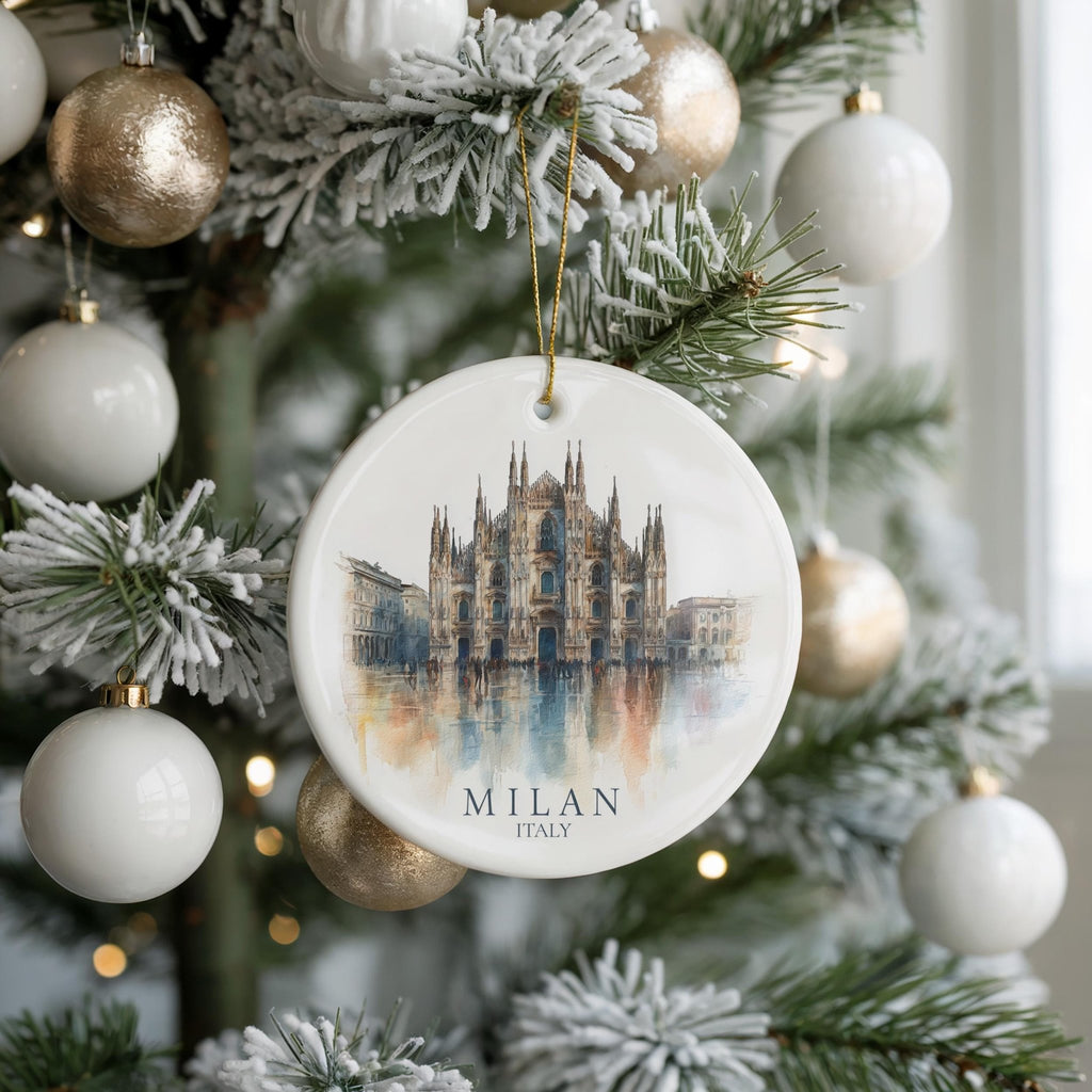 Milan Italy Personalized Watercolor Ornament, Custom Ceramic Christmas gift, Travel Keepsake - CuteBeePix