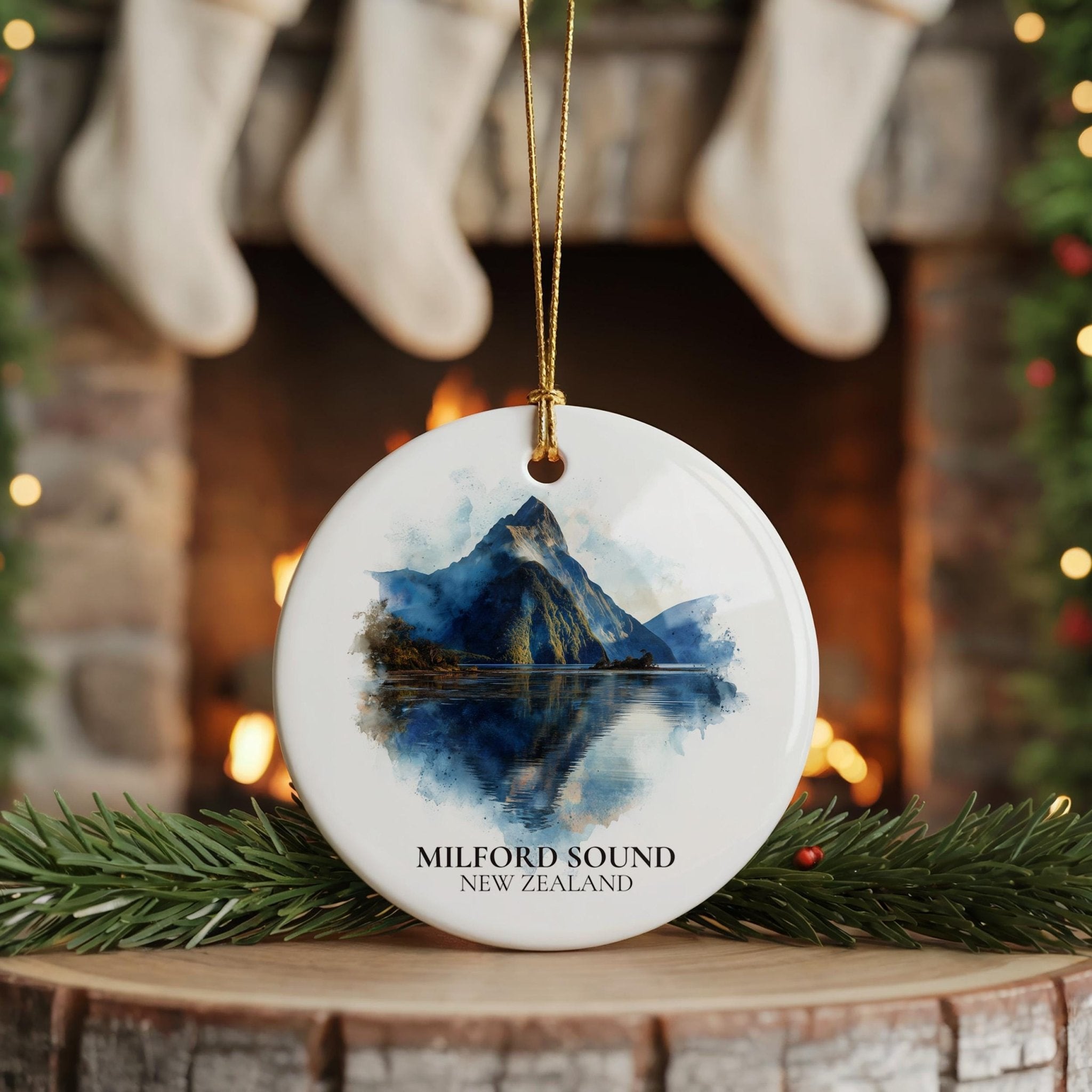 Milford Sound New Zealand Personalized Watercolor Ornament, Custom Ceramic Christmas gift, Travel Keepsake - CuteBeePix