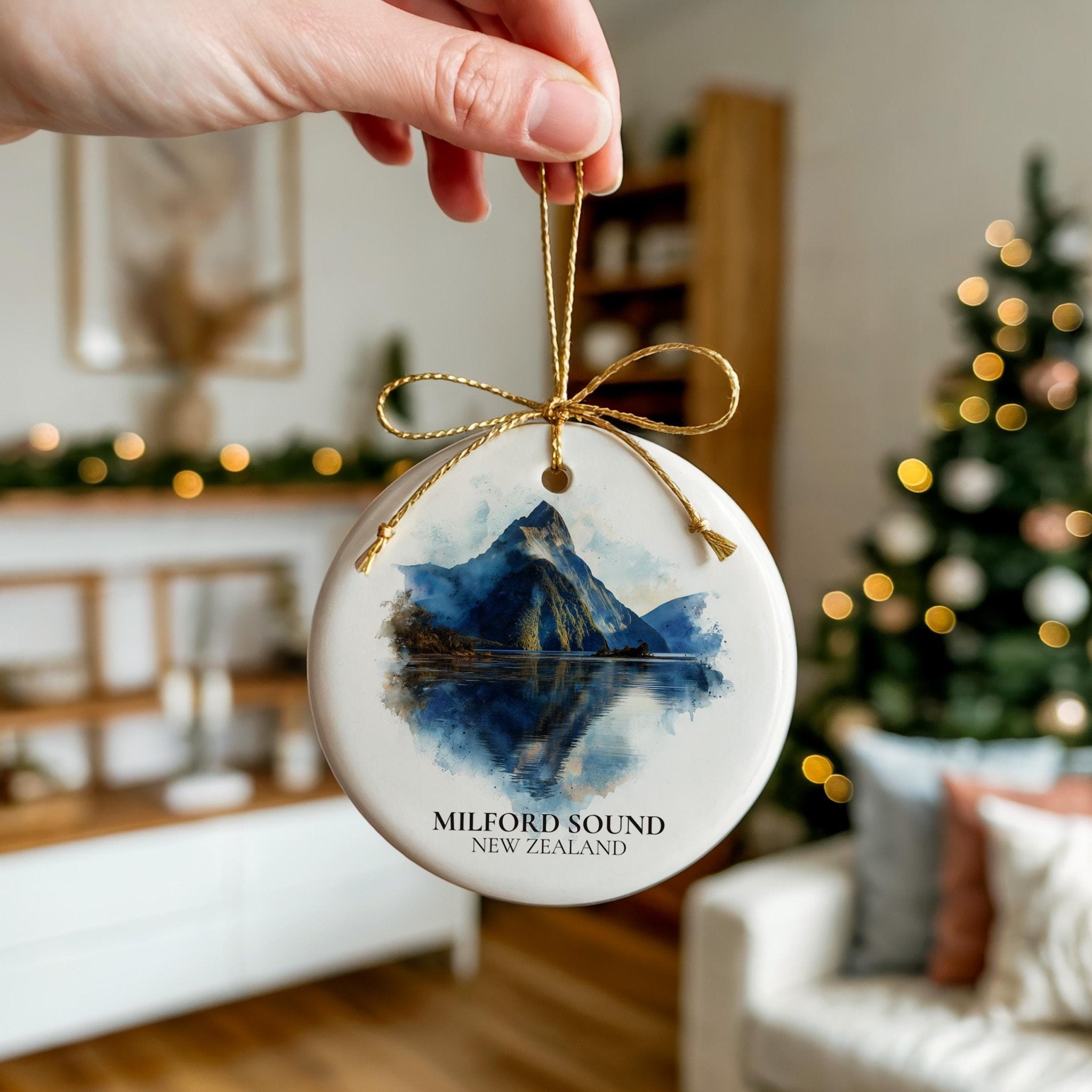 Milford Sound New Zealand Personalized Watercolor Ornament, Custom Ceramic Christmas gift, Travel Keepsake - CuteBeePix