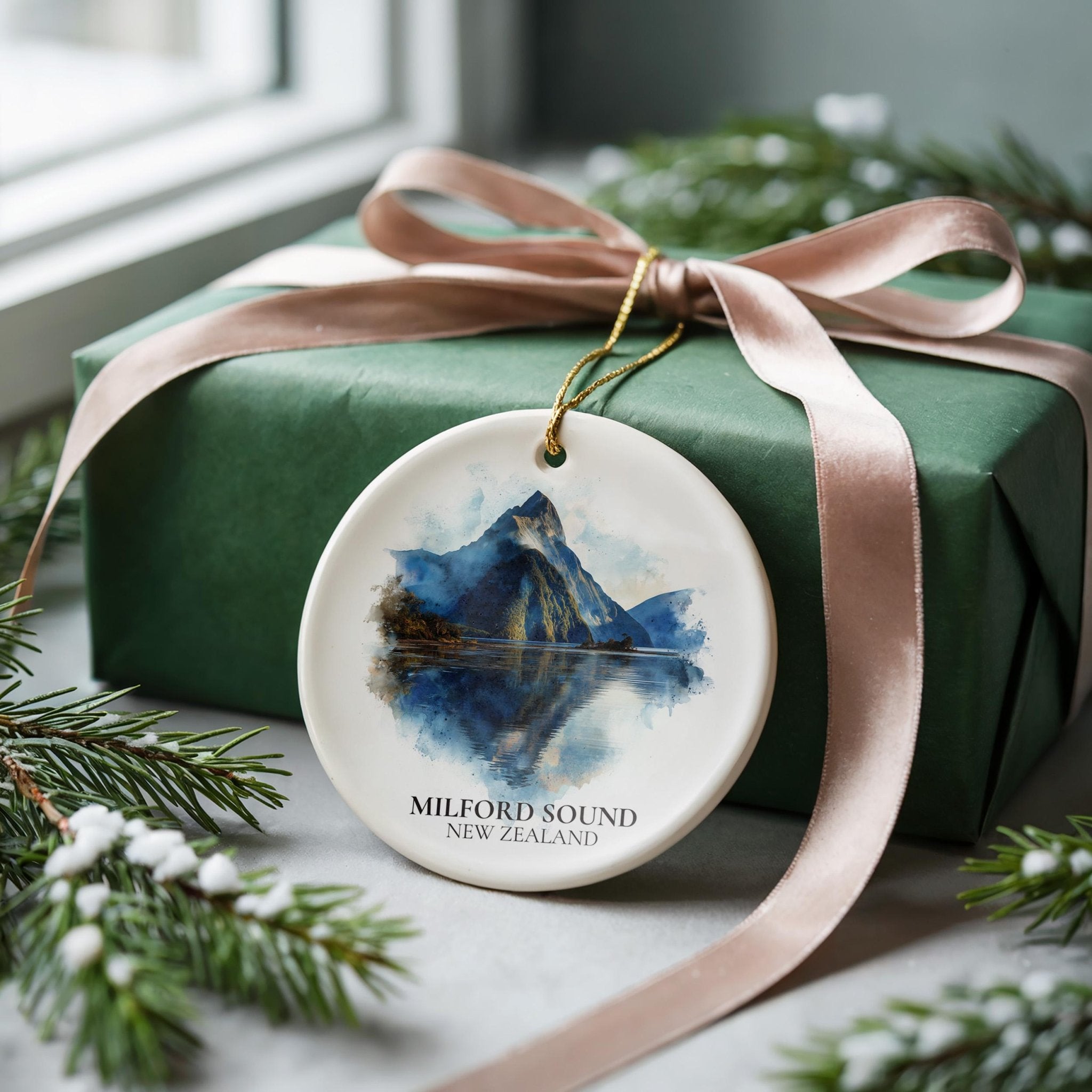 Milford Sound New Zealand Personalized Watercolor Ornament, Custom Ceramic Christmas gift, Travel Keepsake - CuteBeePix