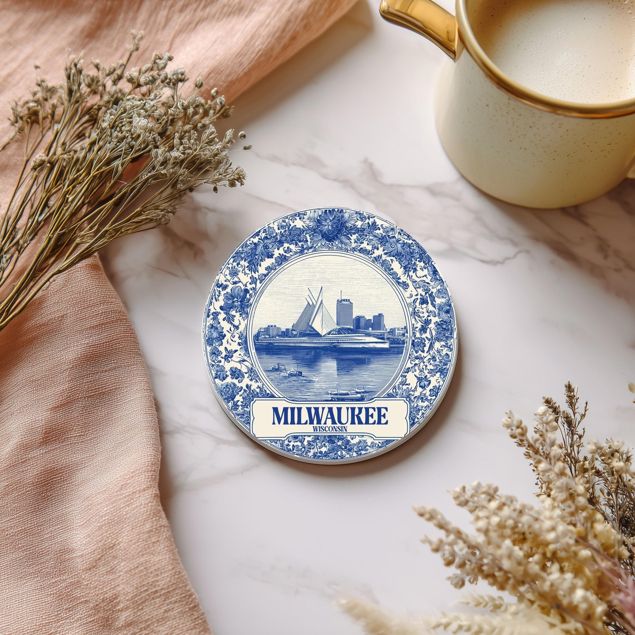 Milwaukee Wisconsin Delftware Ceramic Coaster, Blue White Travel Gift, Vintage Home Decor Collectible - CuteBeePix