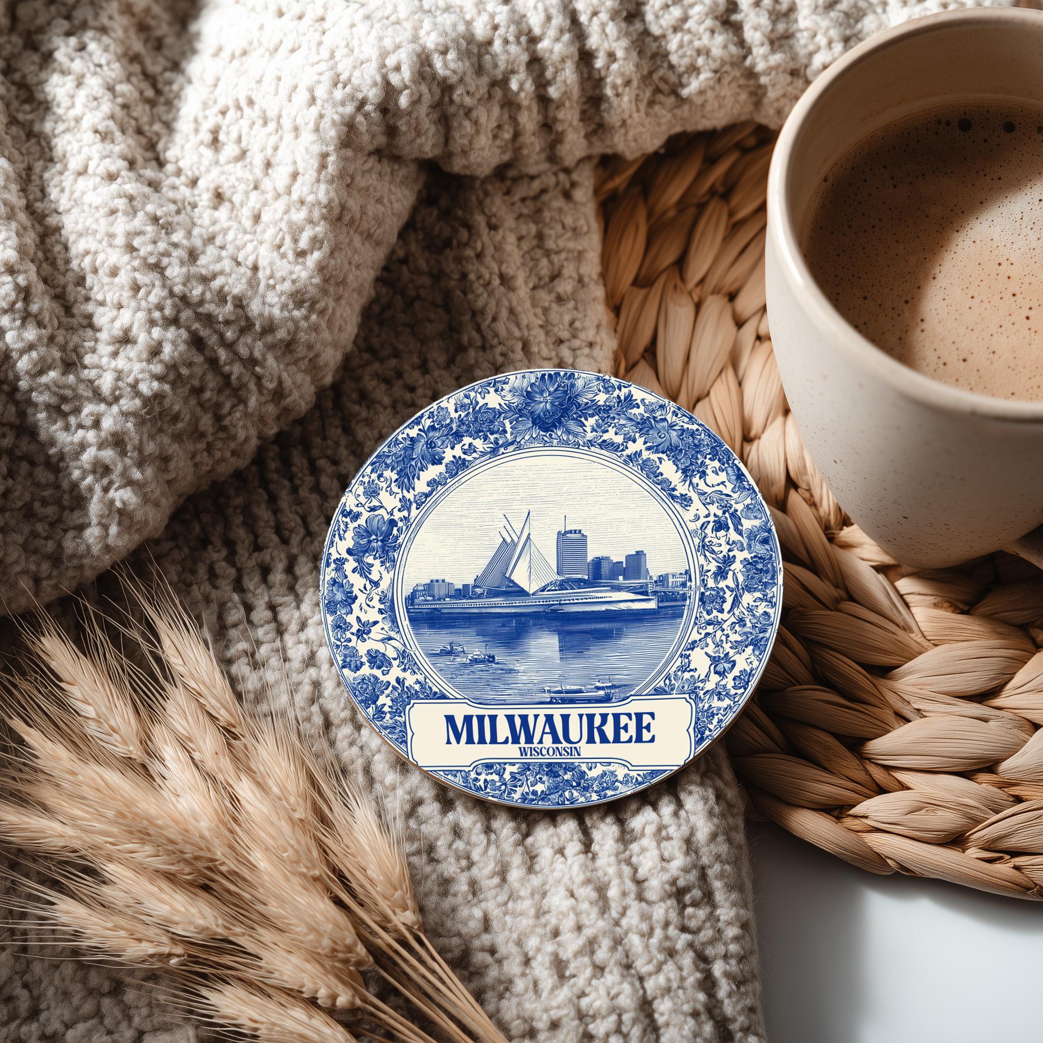 Milwaukee Wisconsin Delftware Ceramic Coaster, Blue White Travel Gift, Vintage Home Decor Collectible - CuteBeePix