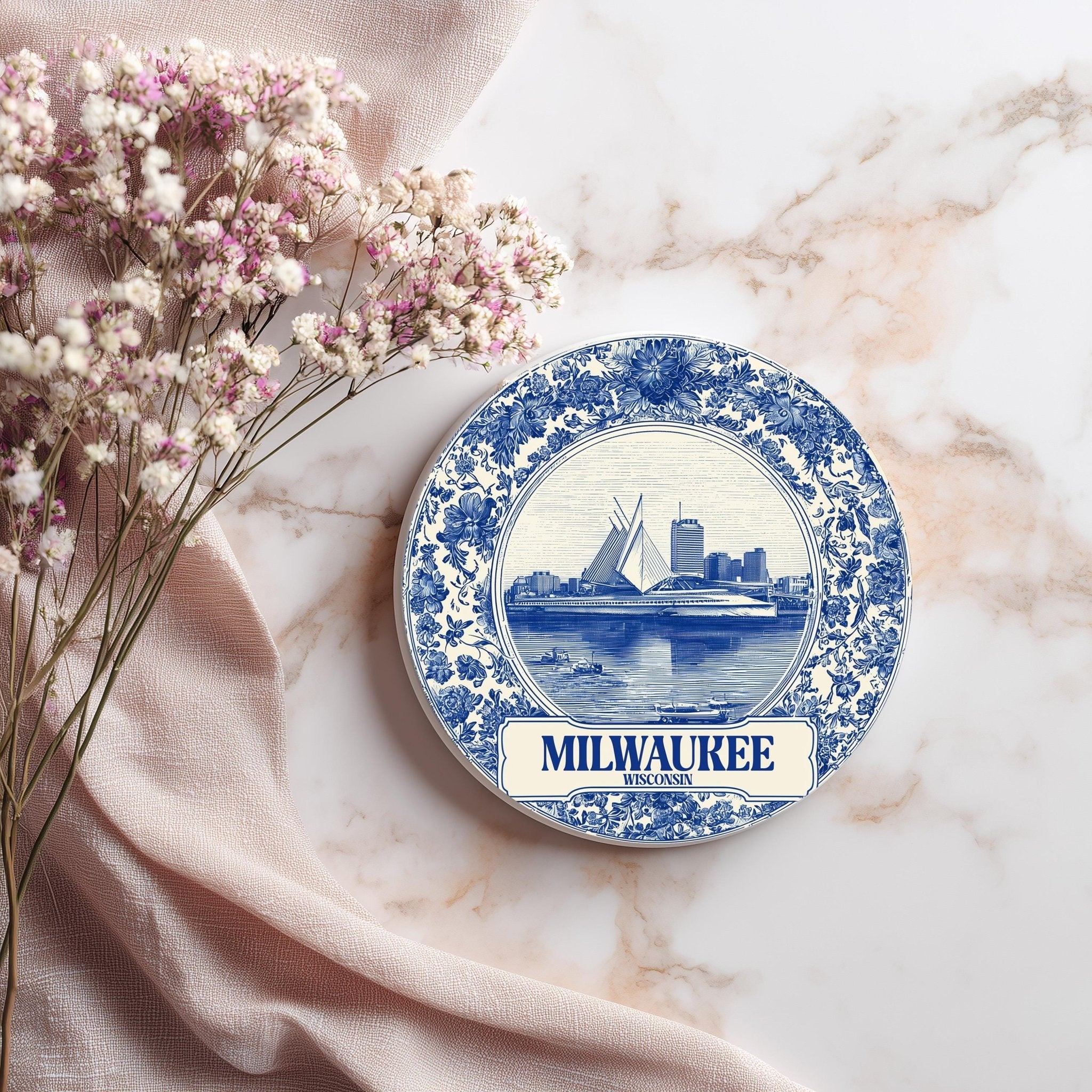 Milwaukee Wisconsin Delftware Ceramic Coaster, Blue White Travel Gift, Vintage Home Decor Collectible - CuteBeePix