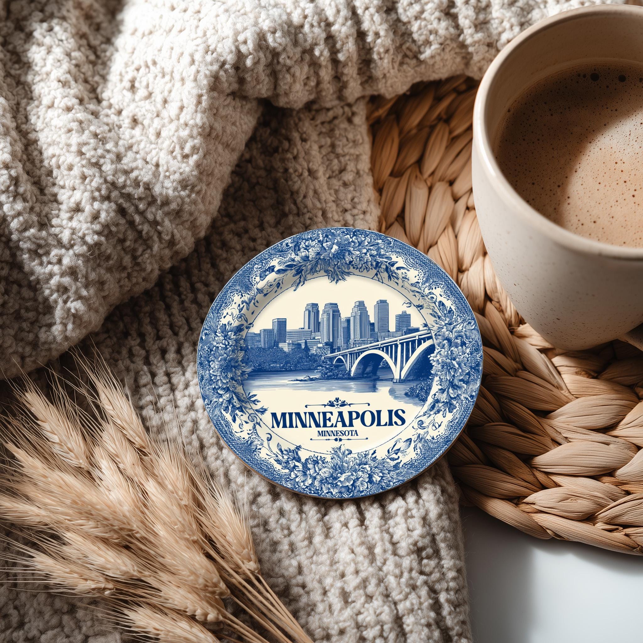 Minneapolis Minnesota Delftware Ceramic Coaster, Blue White Travel Gift, Vintage Home Decor Collectible - CuteBeePix