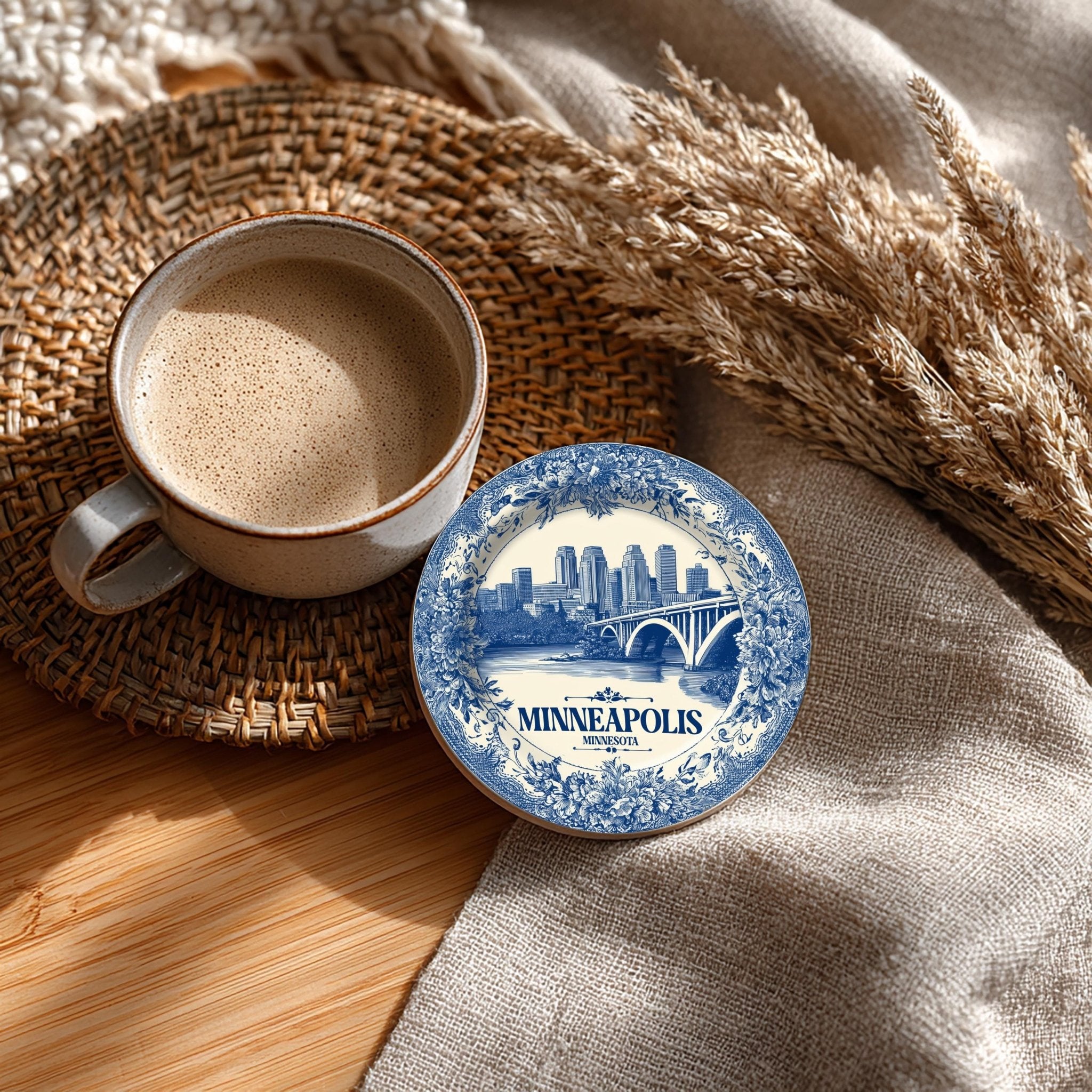 Minneapolis Minnesota Delftware Ceramic Coaster, Blue White Travel Gift, Vintage Home Decor Collectible - CuteBeePix