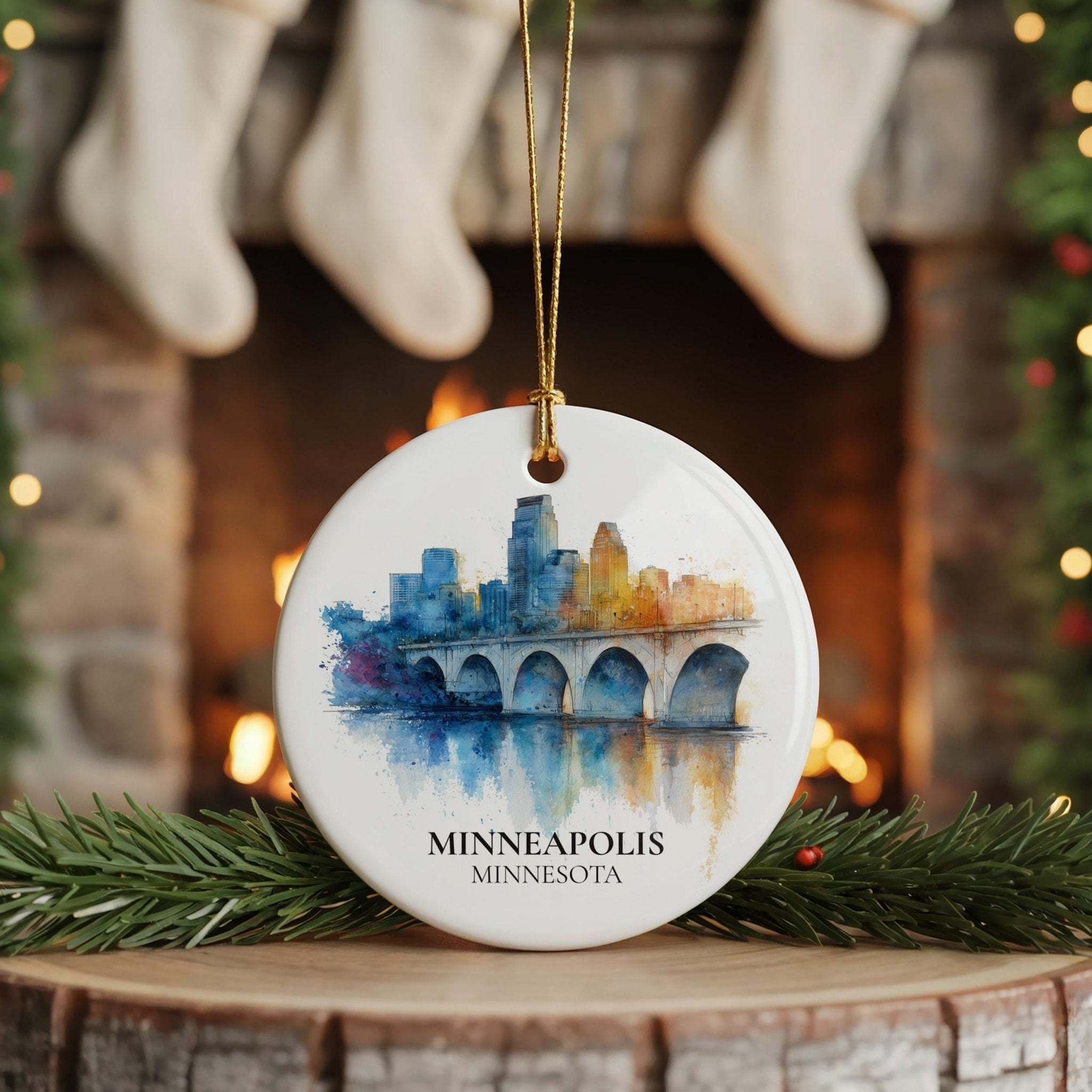 Minneapolis Minnesota Personalized Watercolor Ornament, Custom Ceramic Christmas gift, Travel Keepsake - CuteBeePix