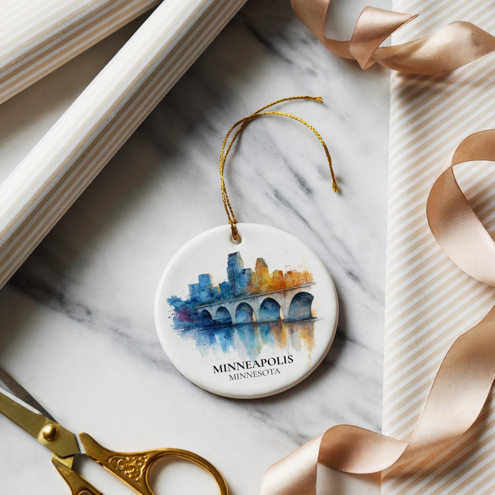 Minneapolis Minnesota Personalized Watercolor Ornament, Custom Ceramic Christmas gift, Travel Keepsake - CuteBeePix