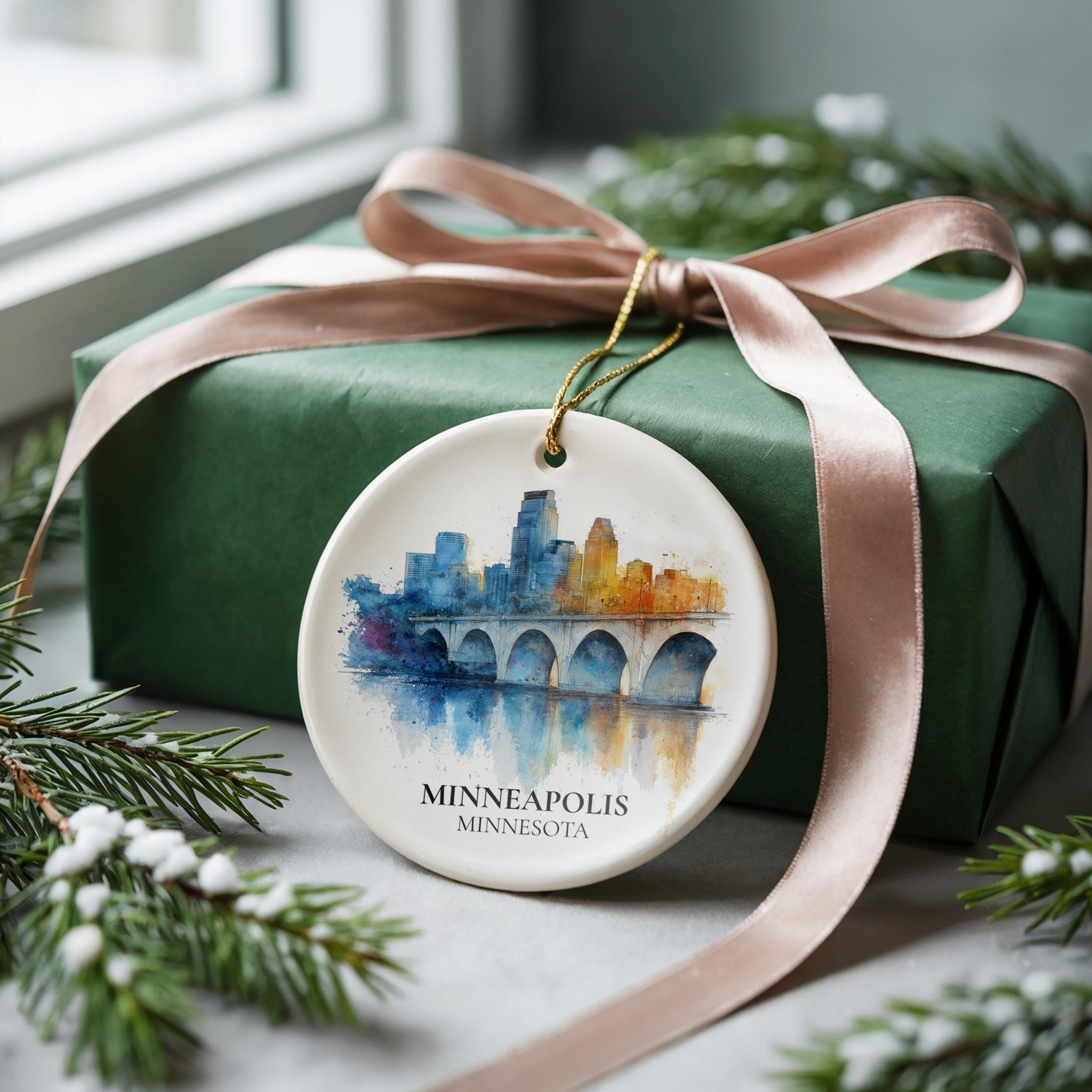 Minneapolis Minnesota Personalized Watercolor Ornament, Custom Ceramic Christmas gift, Travel Keepsake - CuteBeePix