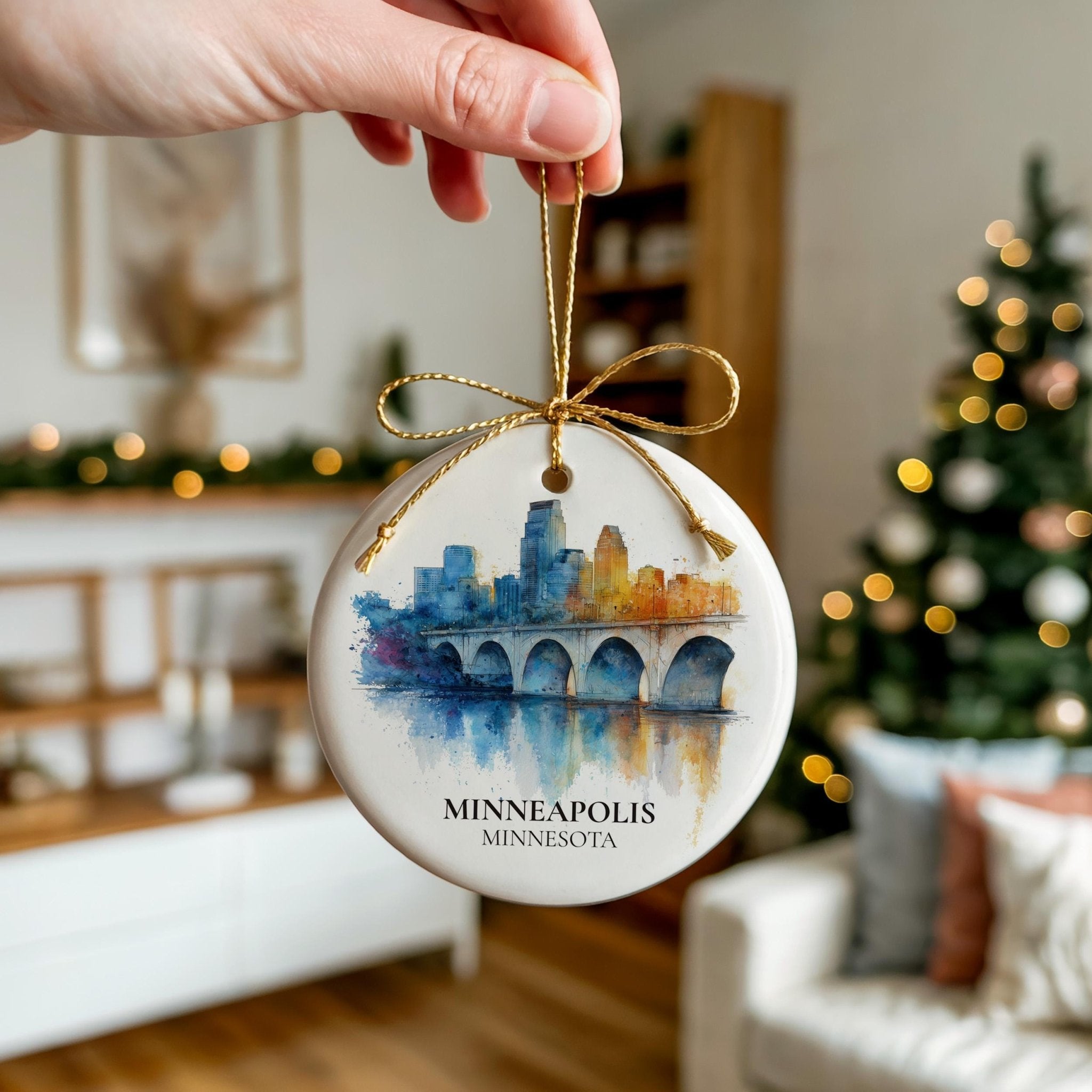 Minneapolis Minnesota Personalized Watercolor Ornament, Custom Ceramic Christmas gift, Travel Keepsake - CuteBeePix