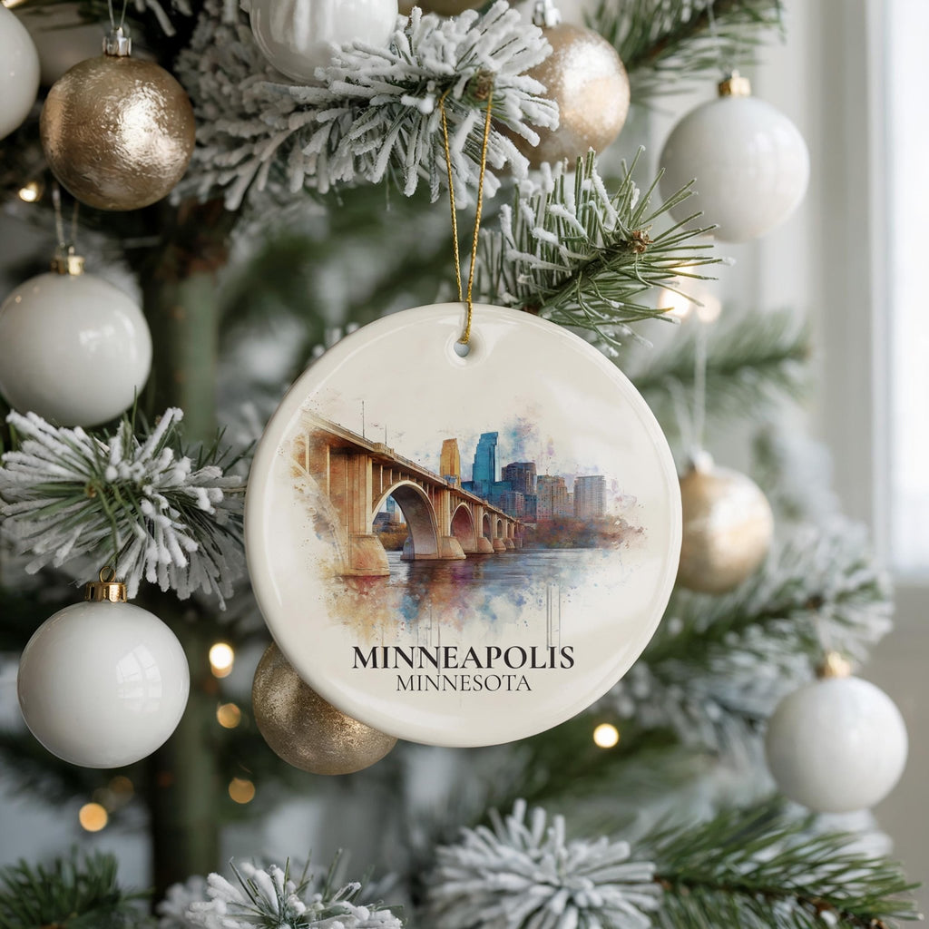 Minneapolis Personalized Watercolor Ornament, Minnesota Custom Ceramic Christmas gift, Travel Keepsake - CuteBeePix