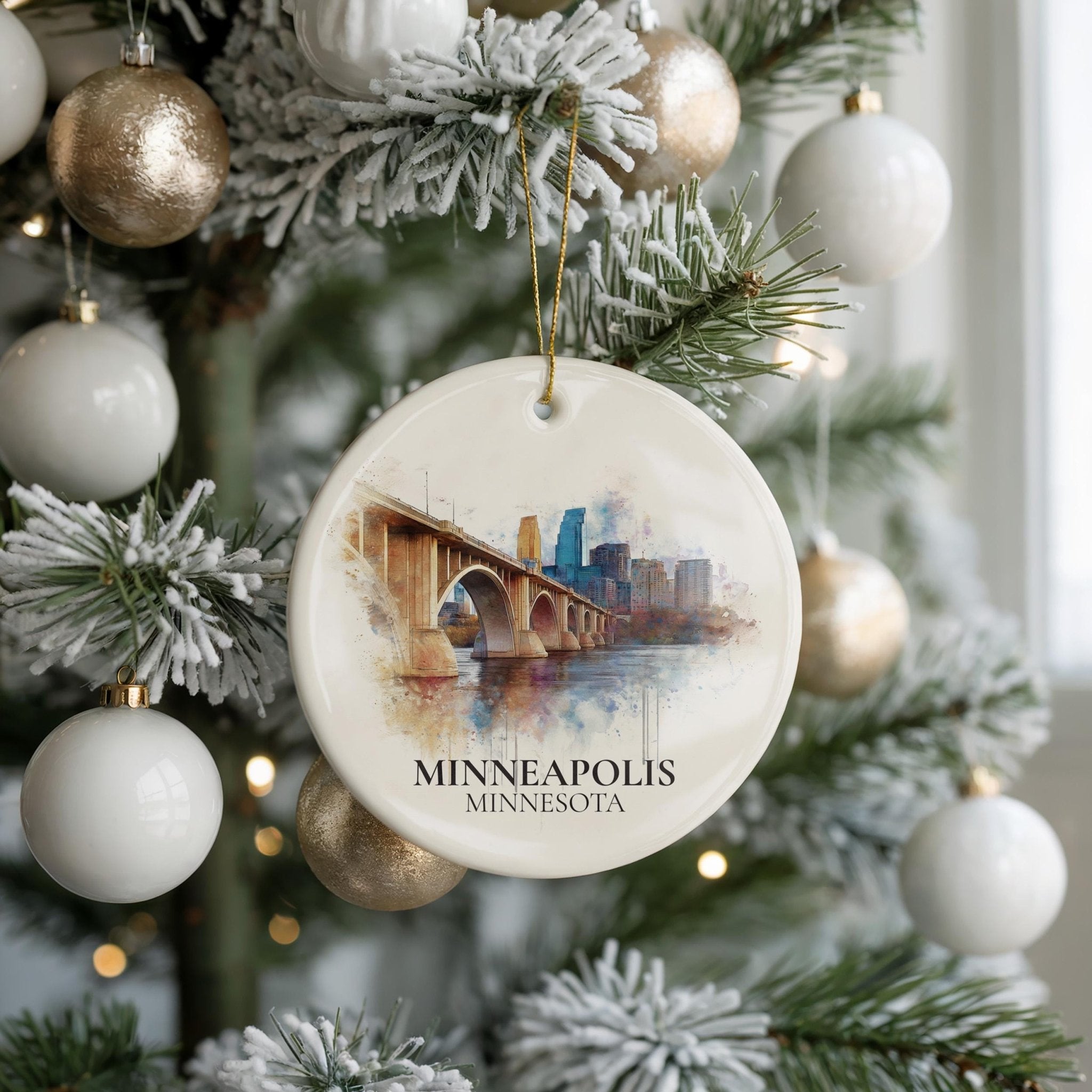 Minneapolis Personalized Watercolor Ornament, Minnesota Custom Ceramic Christmas gift, Travel Keepsake - CuteBeePix