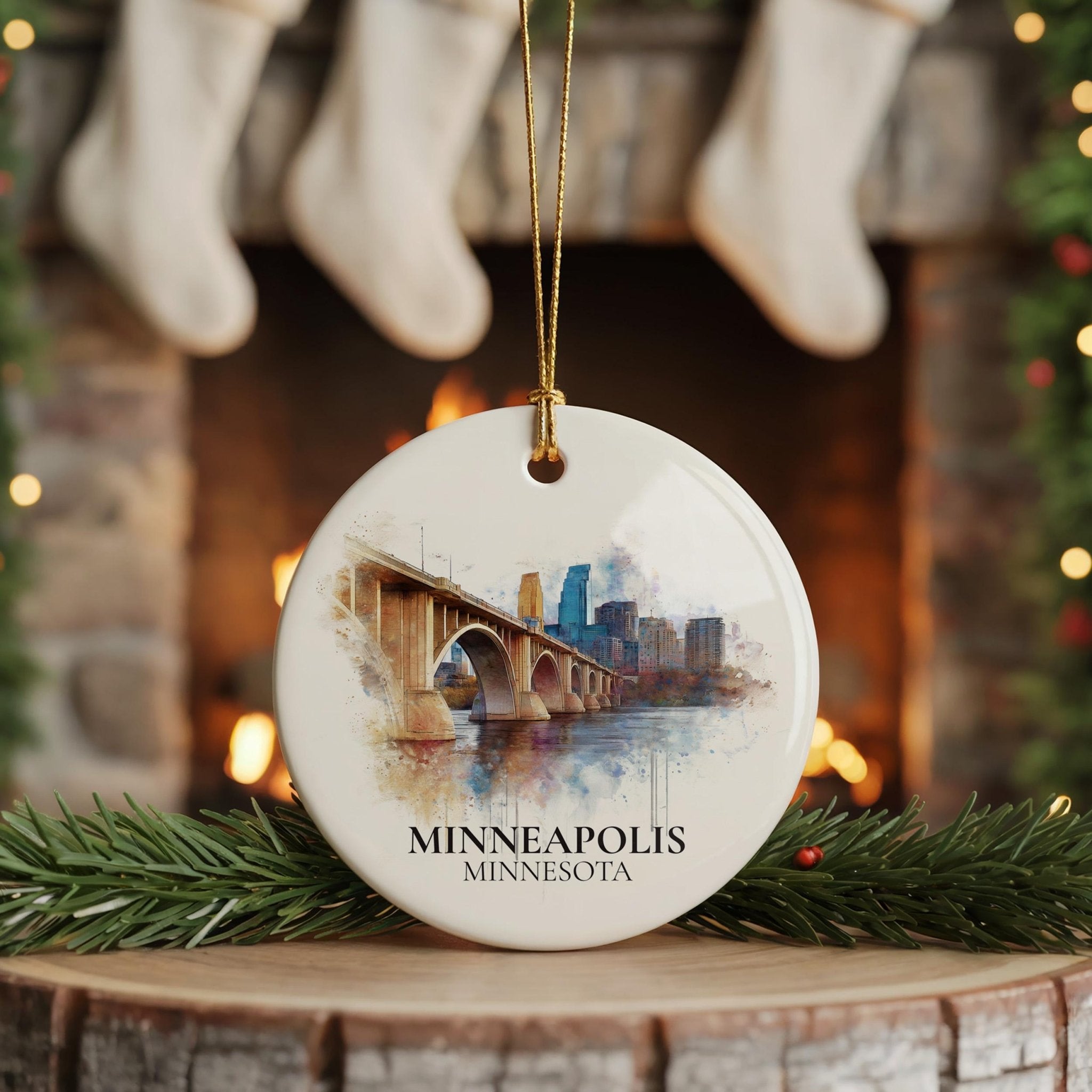 Minneapolis Personalized Watercolor Ornament, Minnesota Custom Ceramic Christmas gift, Travel Keepsake - CuteBeePix