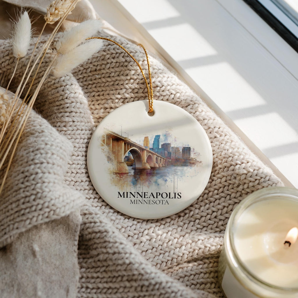 Minneapolis Personalized Watercolor Ornament, Minnesota Custom Ceramic Christmas gift, Travel Keepsake - CuteBeePix