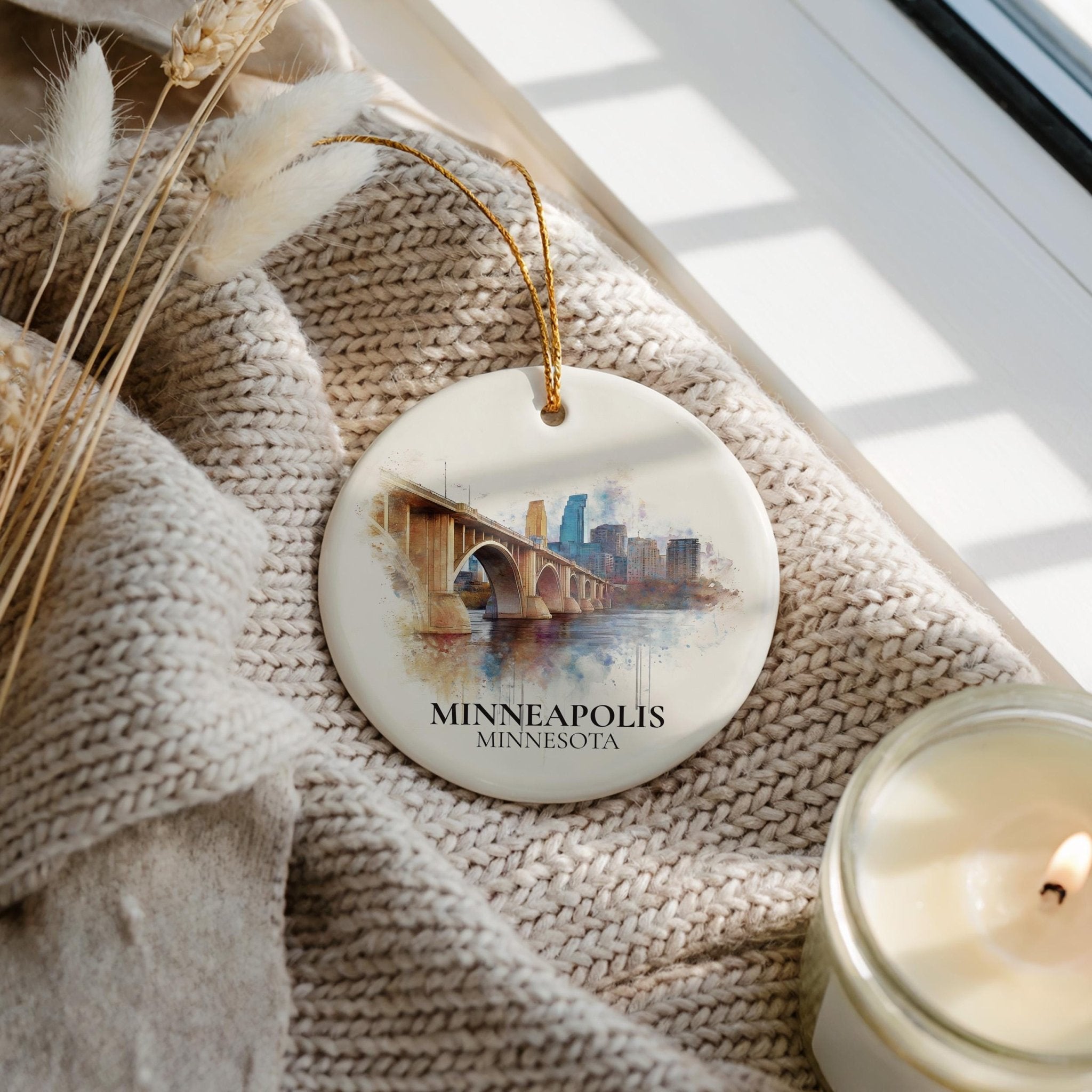 Minneapolis Personalized Watercolor Ornament, Minnesota Custom Ceramic Christmas gift, Travel Keepsake - CuteBeePix