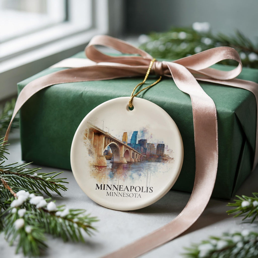 Minneapolis Personalized Watercolor Ornament, Minnesota Custom Ceramic Christmas gift, Travel Keepsake - CuteBeePix