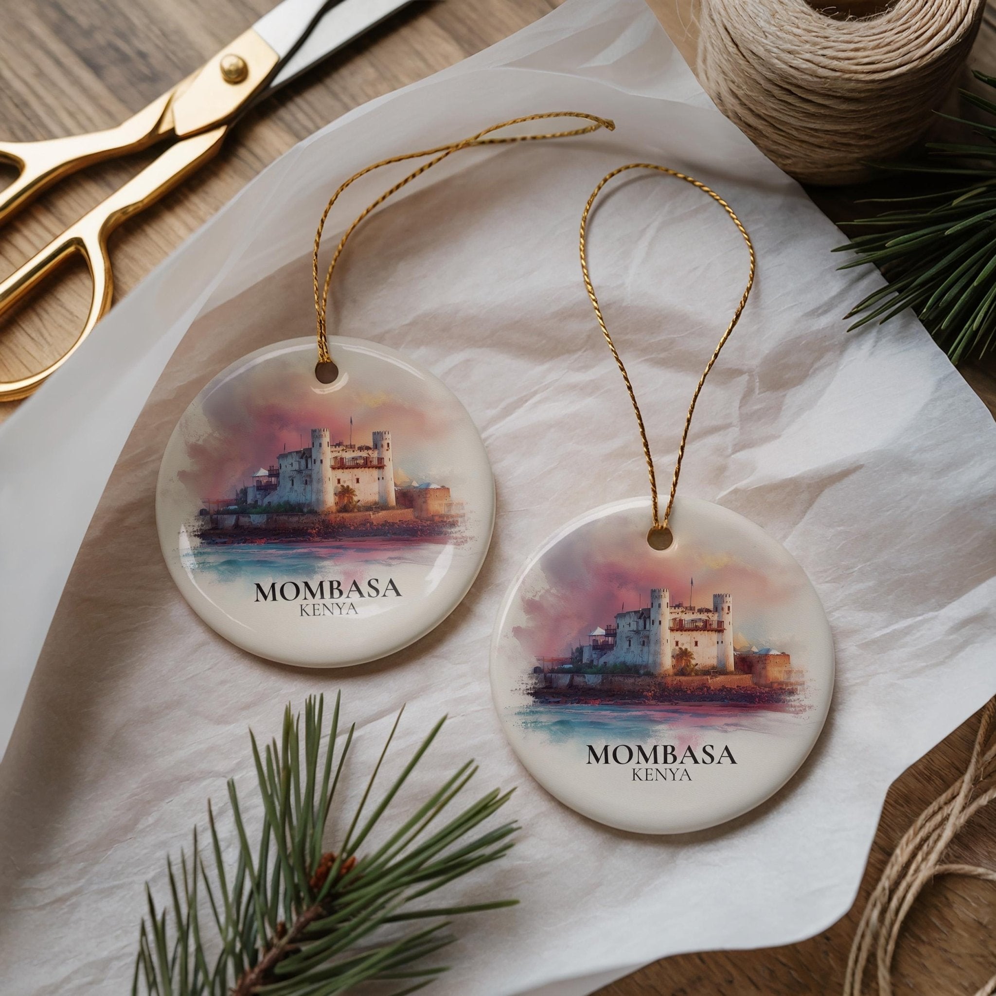 Mombasa Kenya Personalized Watercolor Ornament, Custom Ceramic Christmas gift, Travel Keepsake - CuteBeePix
