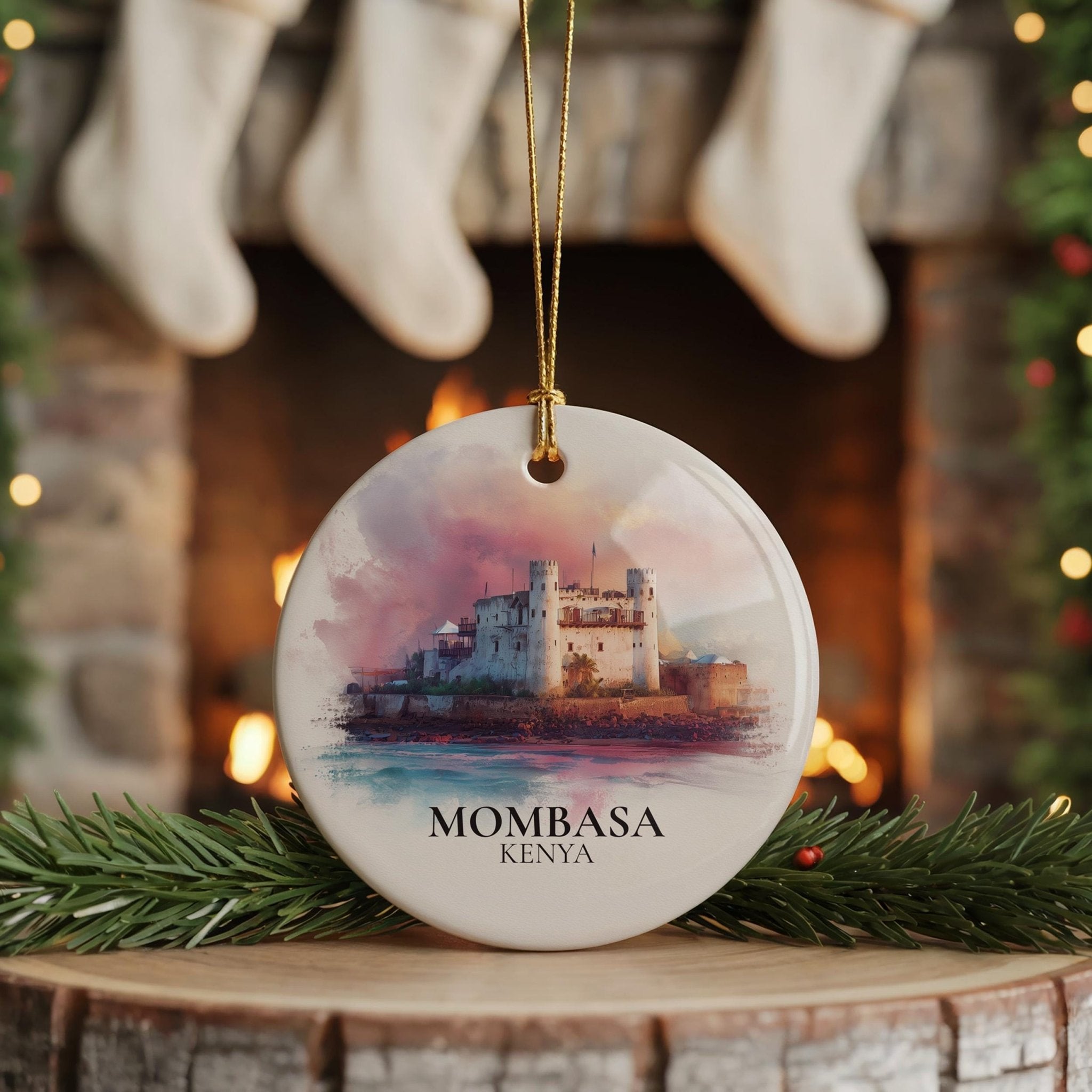Mombasa Kenya Personalized Watercolor Ornament, Custom Ceramic Christmas gift, Travel Keepsake - CuteBeePix