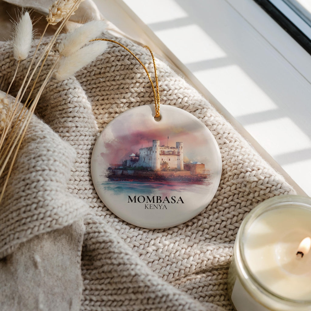 Mombasa Kenya Personalized Watercolor Ornament, Custom Ceramic Christmas gift, Travel Keepsake - CuteBeePix