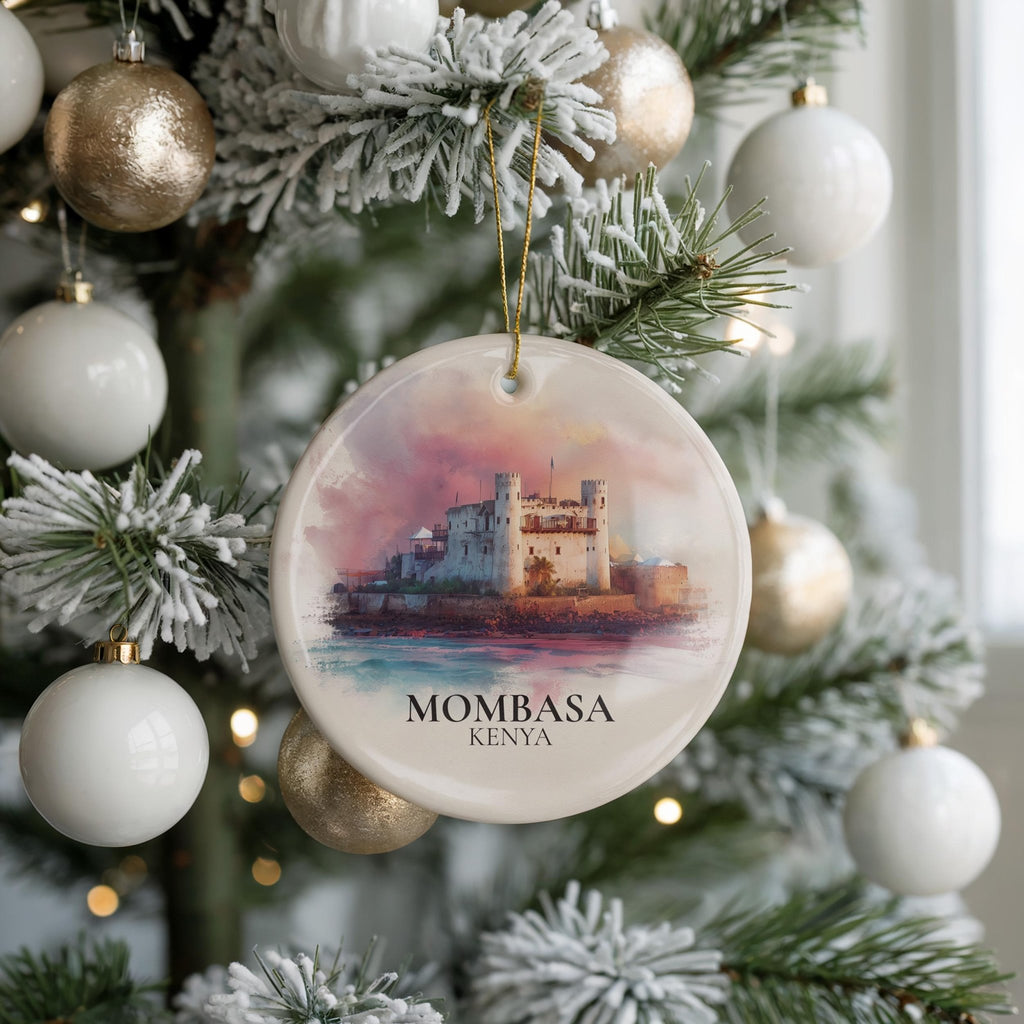 Mombasa Kenya Personalized Watercolor Ornament, Custom Ceramic Christmas gift, Travel Keepsake - CuteBeePix