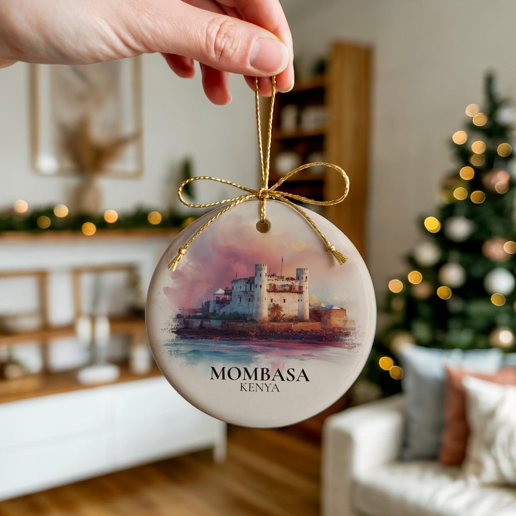 Mombasa Kenya Personalized Watercolor Ornament, Custom Ceramic Christmas gift, Travel Keepsake - CuteBeePix