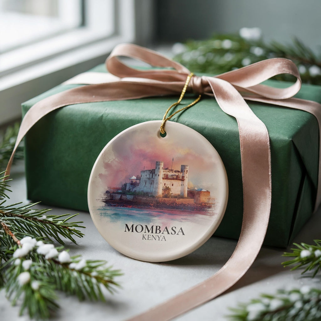 Mombasa Kenya Personalized Watercolor Ornament, Custom Ceramic Christmas gift, Travel Keepsake - CuteBeePix