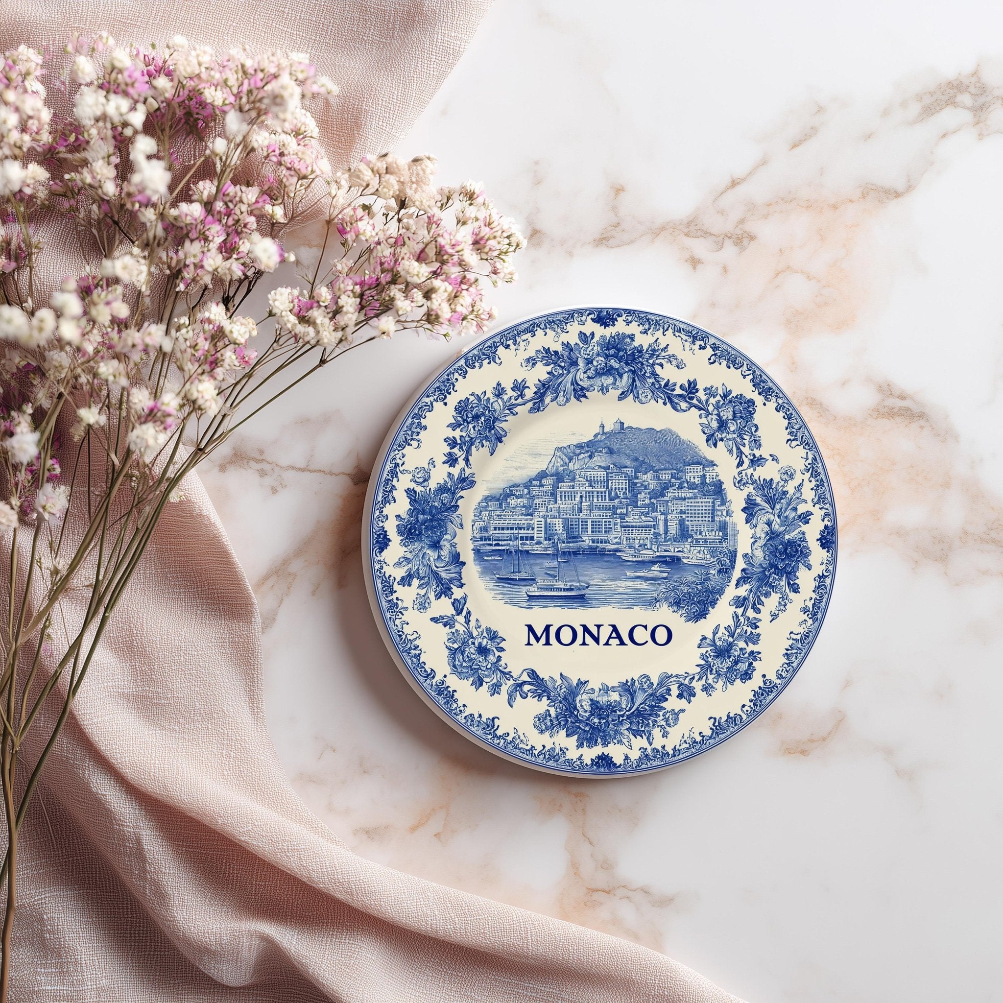 Monaco Delftware Ceramic Coaster, Blue White Travel Gift, Vintage Home Decor Collectible - CuteBeePix
