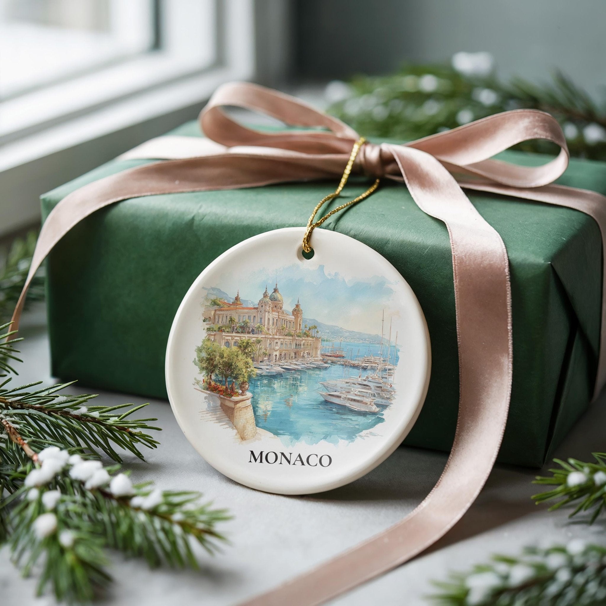 Monaco Monaco Personalized Watercolor Ornament, Custom Ceramic Christmas gift, Travel Keepsake - CuteBeePix