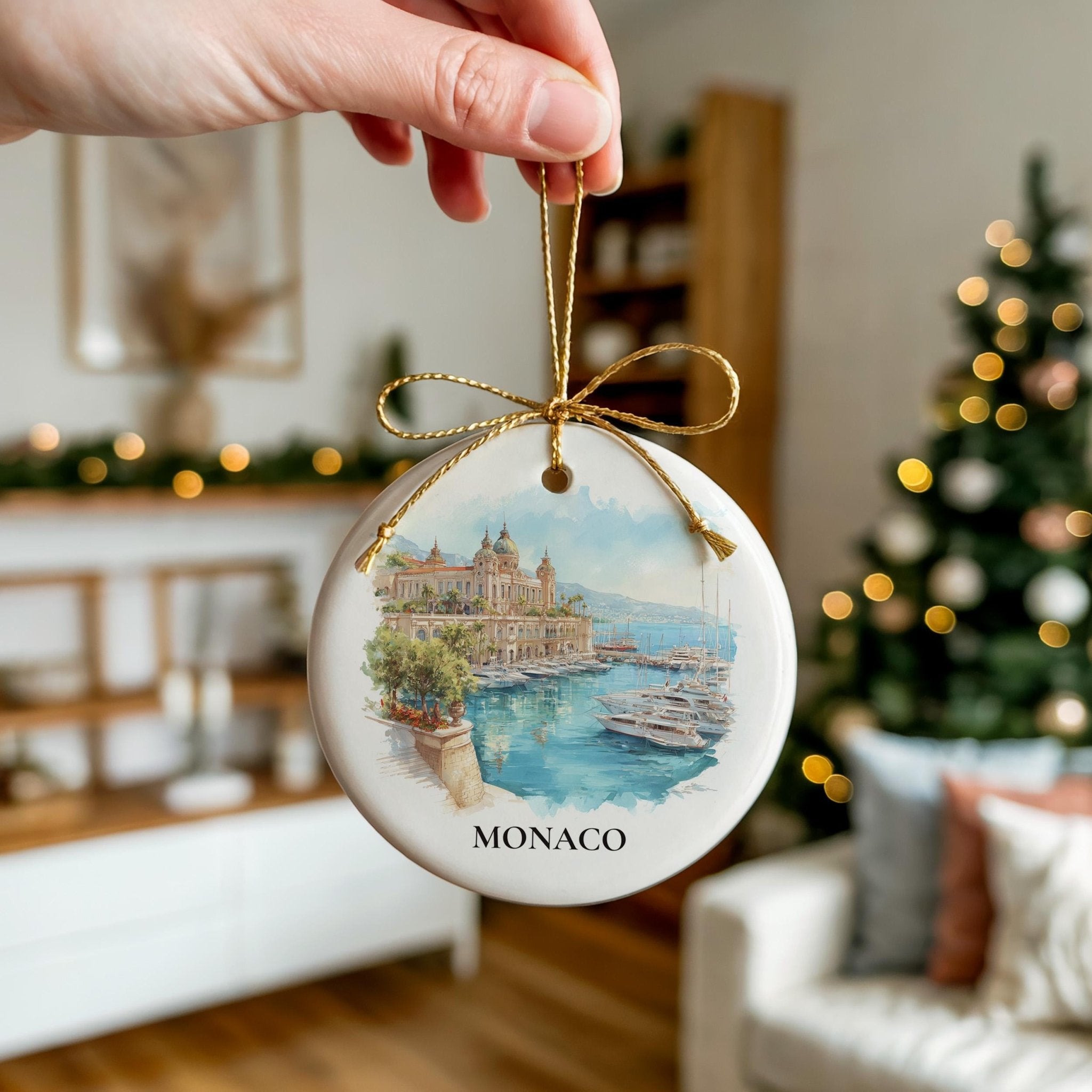 Monaco Monaco Personalized Watercolor Ornament, Custom Ceramic Christmas gift, Travel Keepsake - CuteBeePix