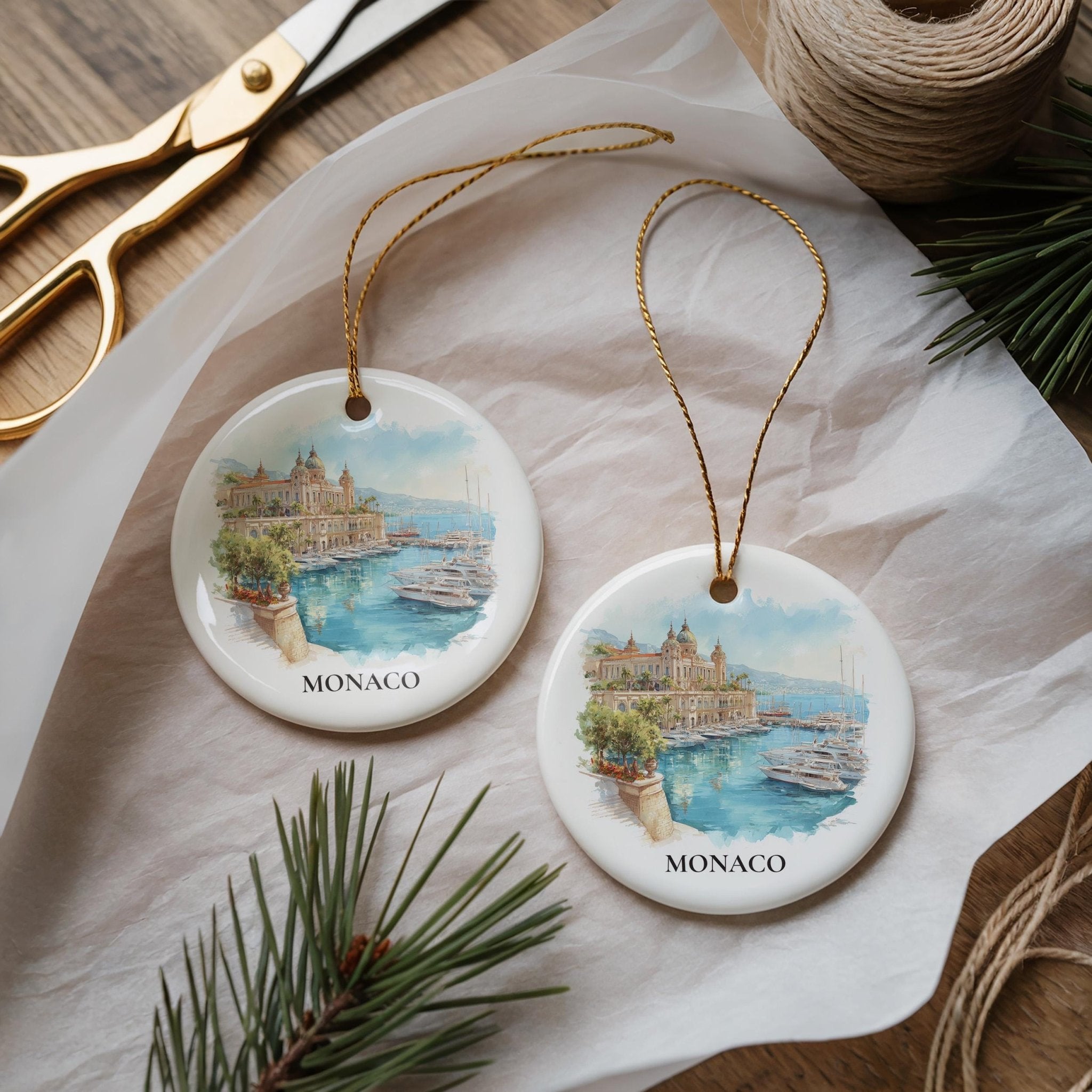 Monaco Monaco Personalized Watercolor Ornament, Custom Ceramic Christmas gift, Travel Keepsake - CuteBeePix