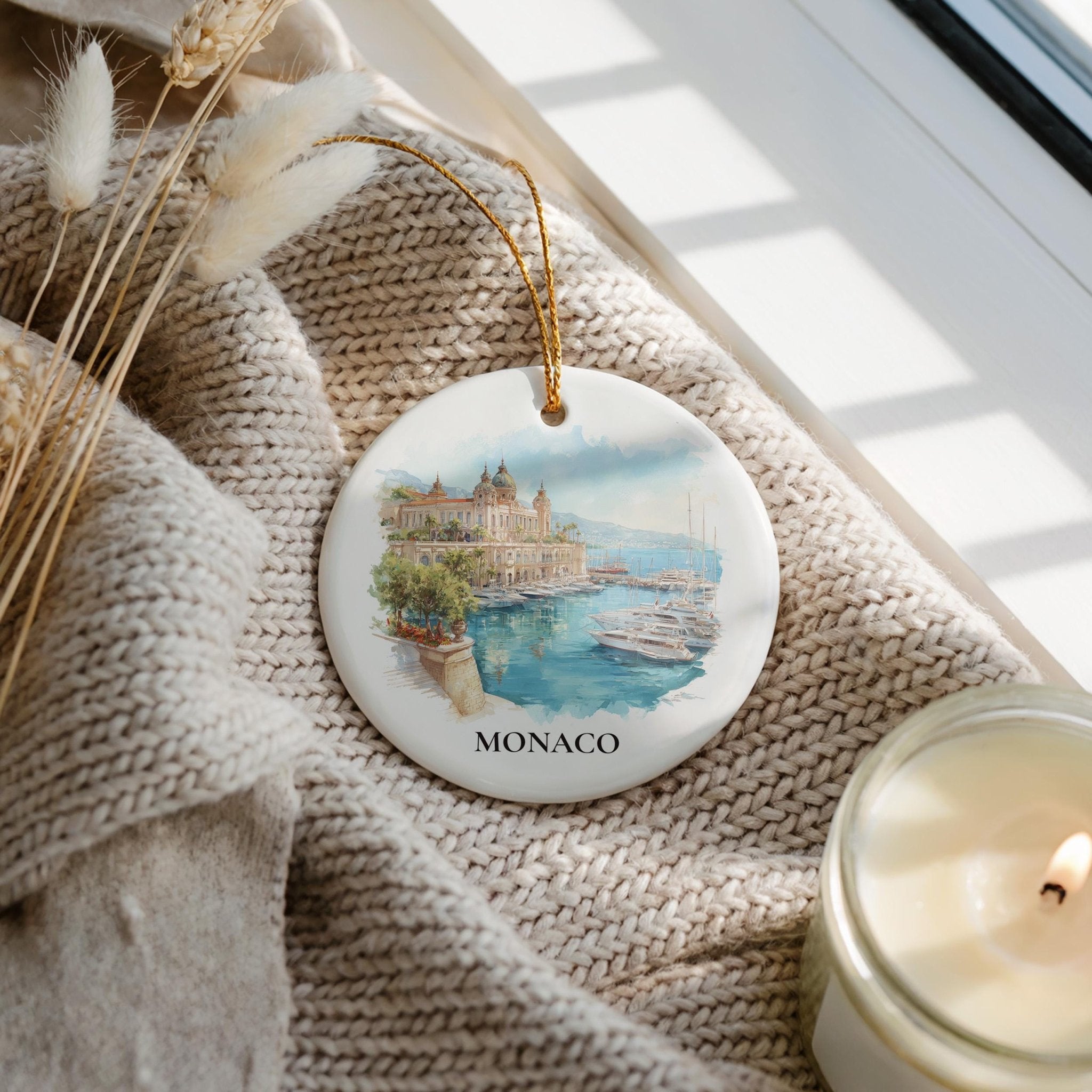 Monaco Monaco Personalized Watercolor Ornament, Custom Ceramic Christmas gift, Travel Keepsake - CuteBeePix