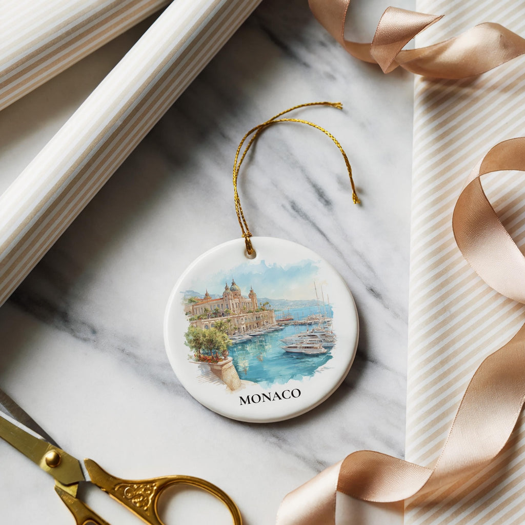Monaco Monaco Personalized Watercolor Ornament, Custom Ceramic Christmas gift, Travel Keepsake - CuteBeePix