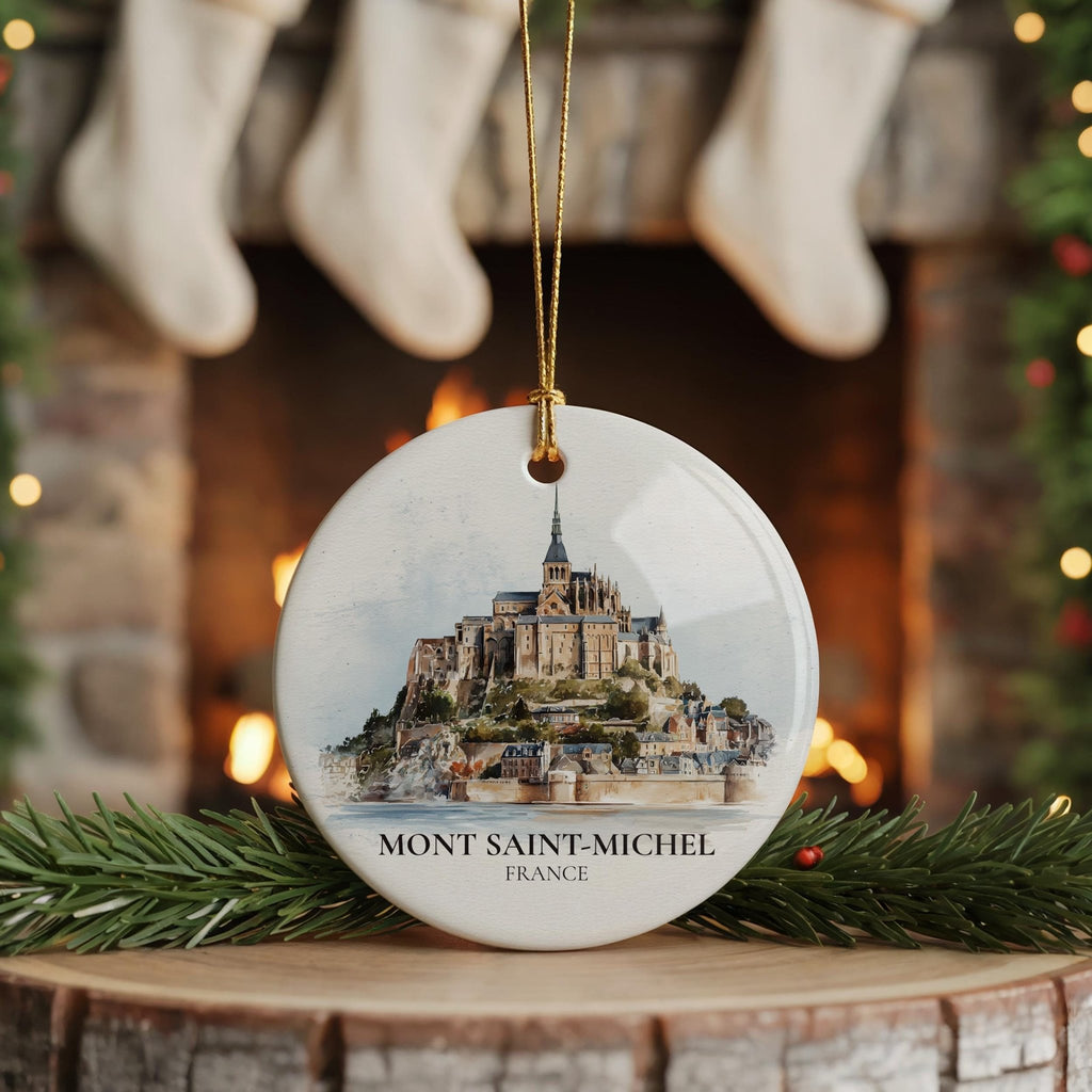 Mont Saint Michel France Personalized Watercolor Ornament, Custom Ceramic Christmas gift, Travel Keepsake - CuteBeePix