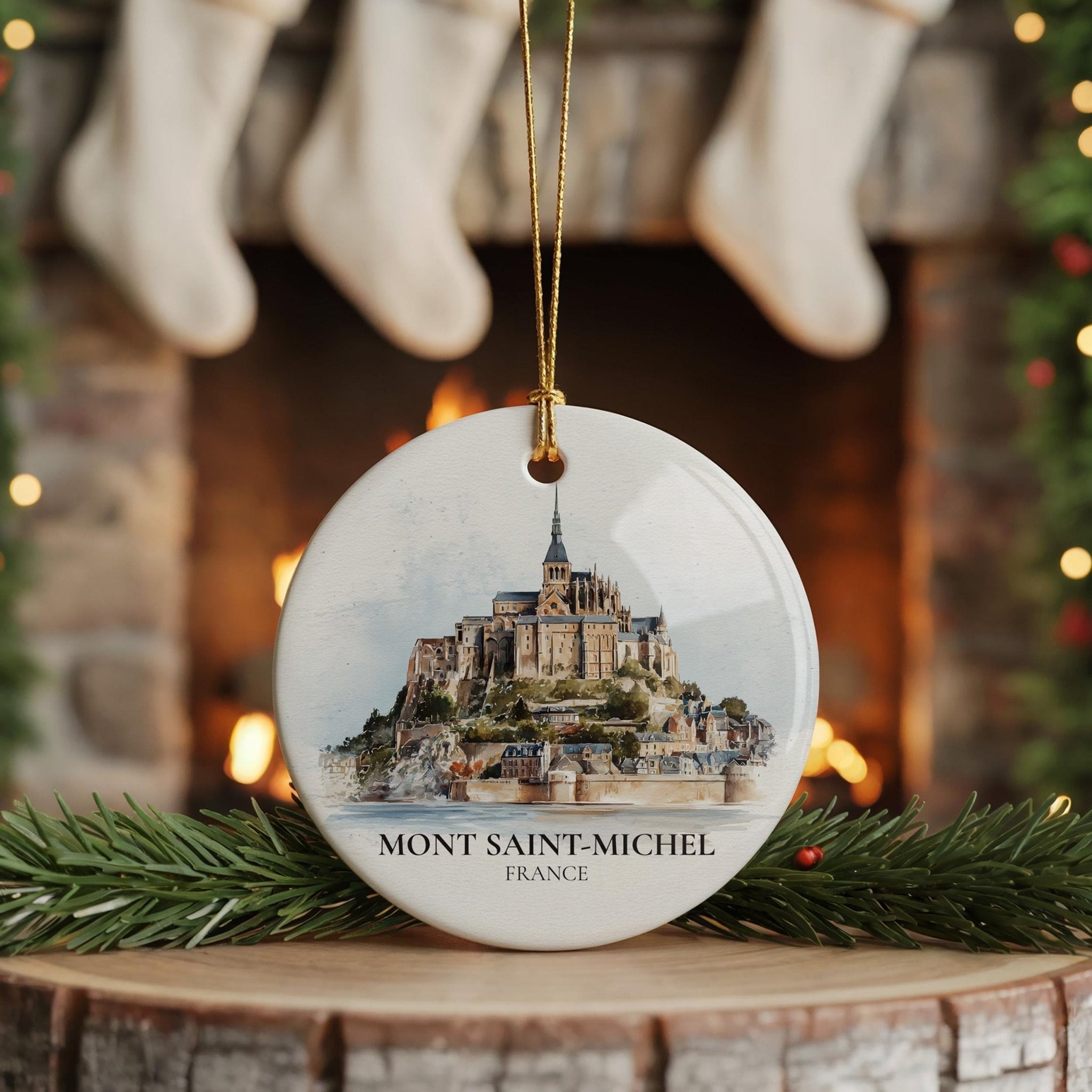 Mont Saint Michel France Personalized Watercolor Ornament, Custom Ceramic Christmas gift, Travel Keepsake - CuteBeePix